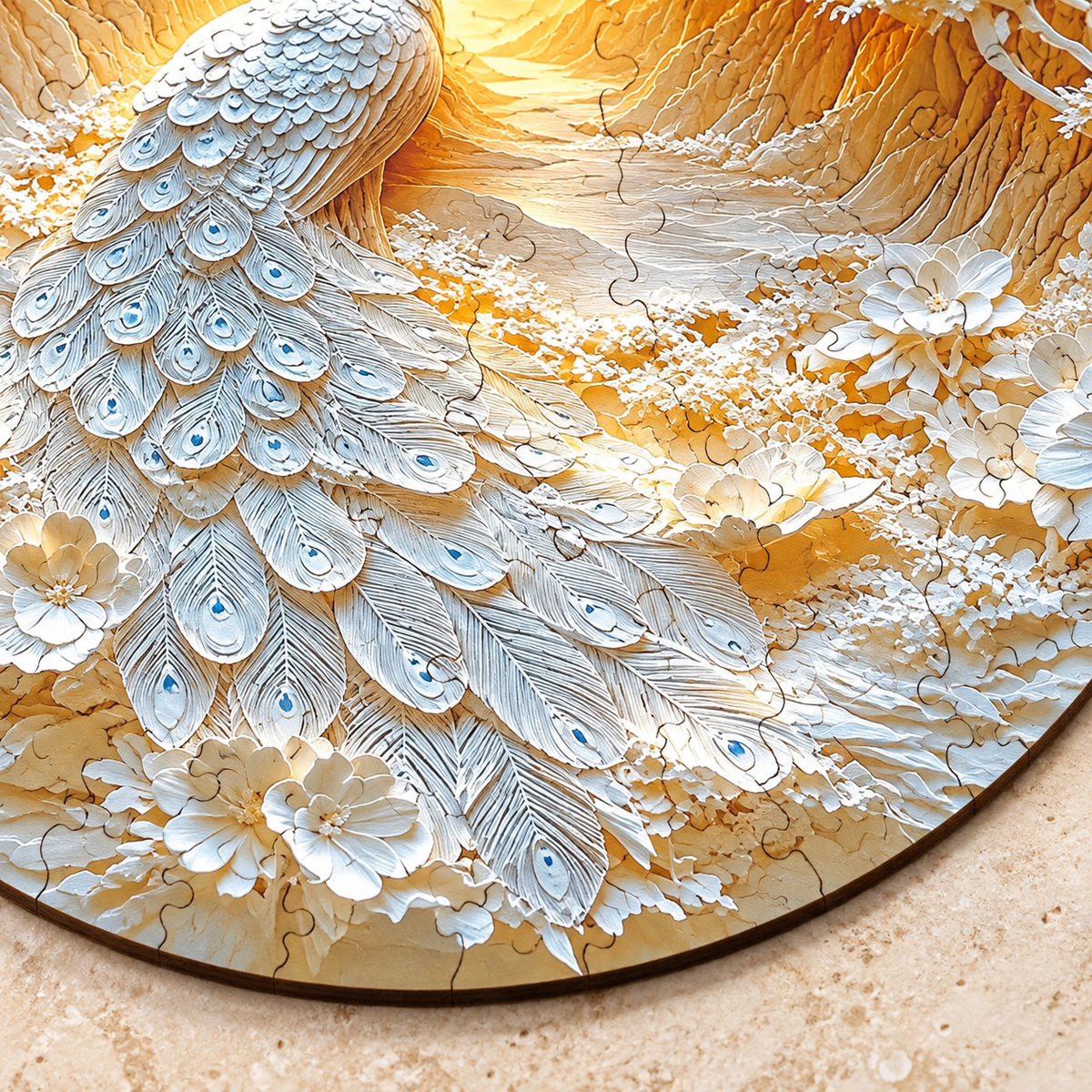Golden Dawn Peacock Wooden Jigsaw Puzzle – White Feather & Floral Landscape Art
