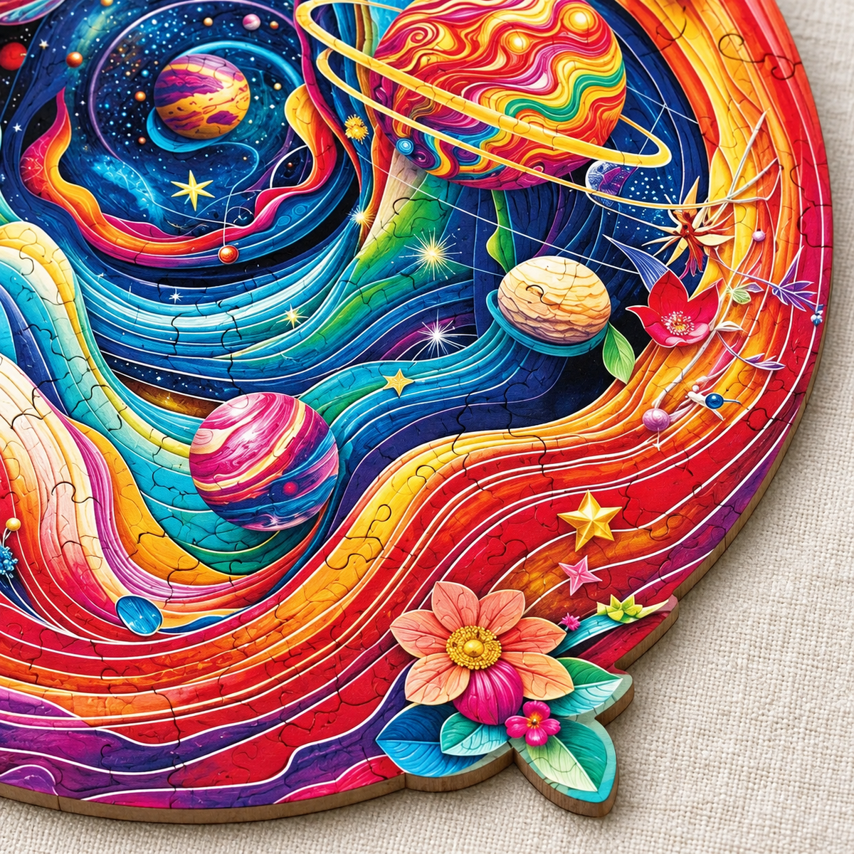 Rainbow Galaxy Wooden Jigsaw Puzzle – Colorful Planets & Cosmic Art
