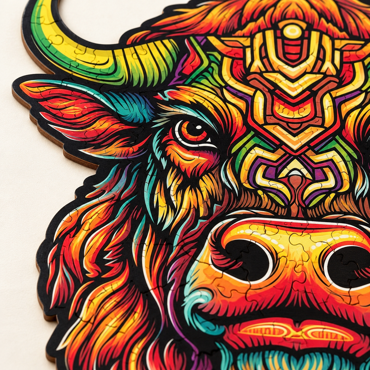 Blazing Spirit Bull Wooden Jigsaw Puzzle – Vibrant Animal Portrait