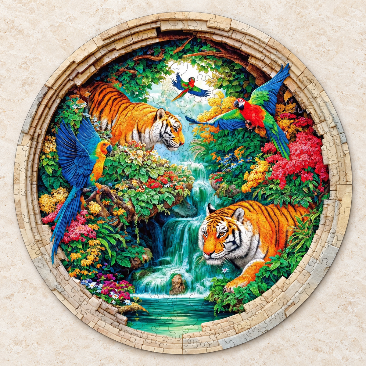 Hidden Jungle Falls Wooden Jigsaw Puzzle – Tigers & Tropical Parrots