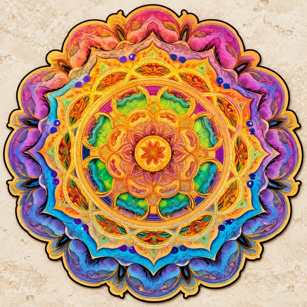 Radiant Lotus Mandala Wooden Jigsaw Puzzle – Colorful Geometric Art