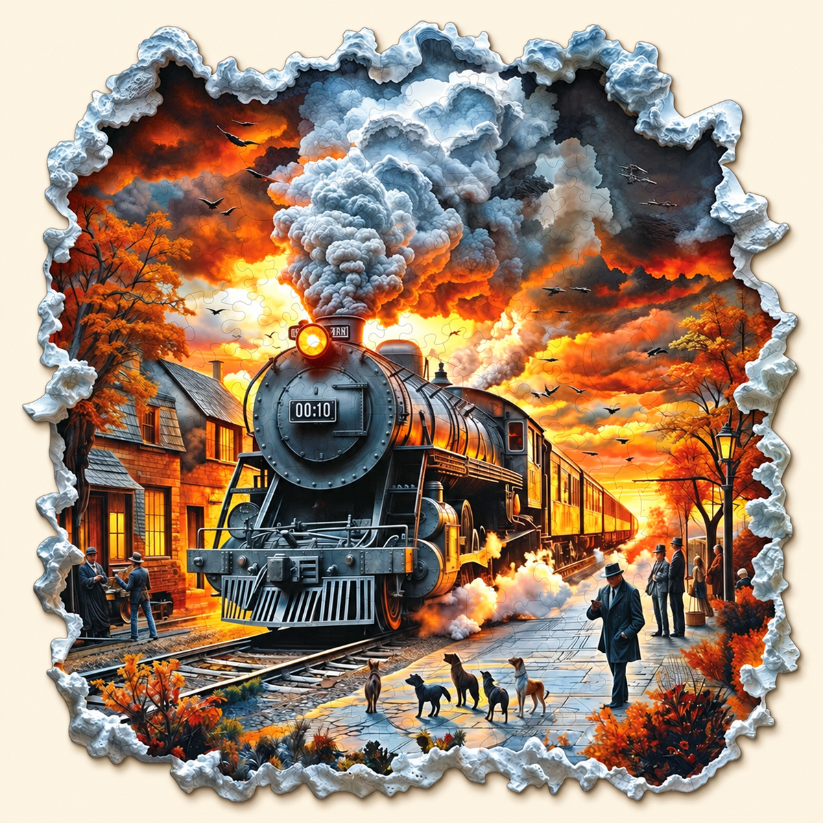 Vintage Steam Train at Sunset Wooden Jigsaw Puzzle with 3D Visual Effect