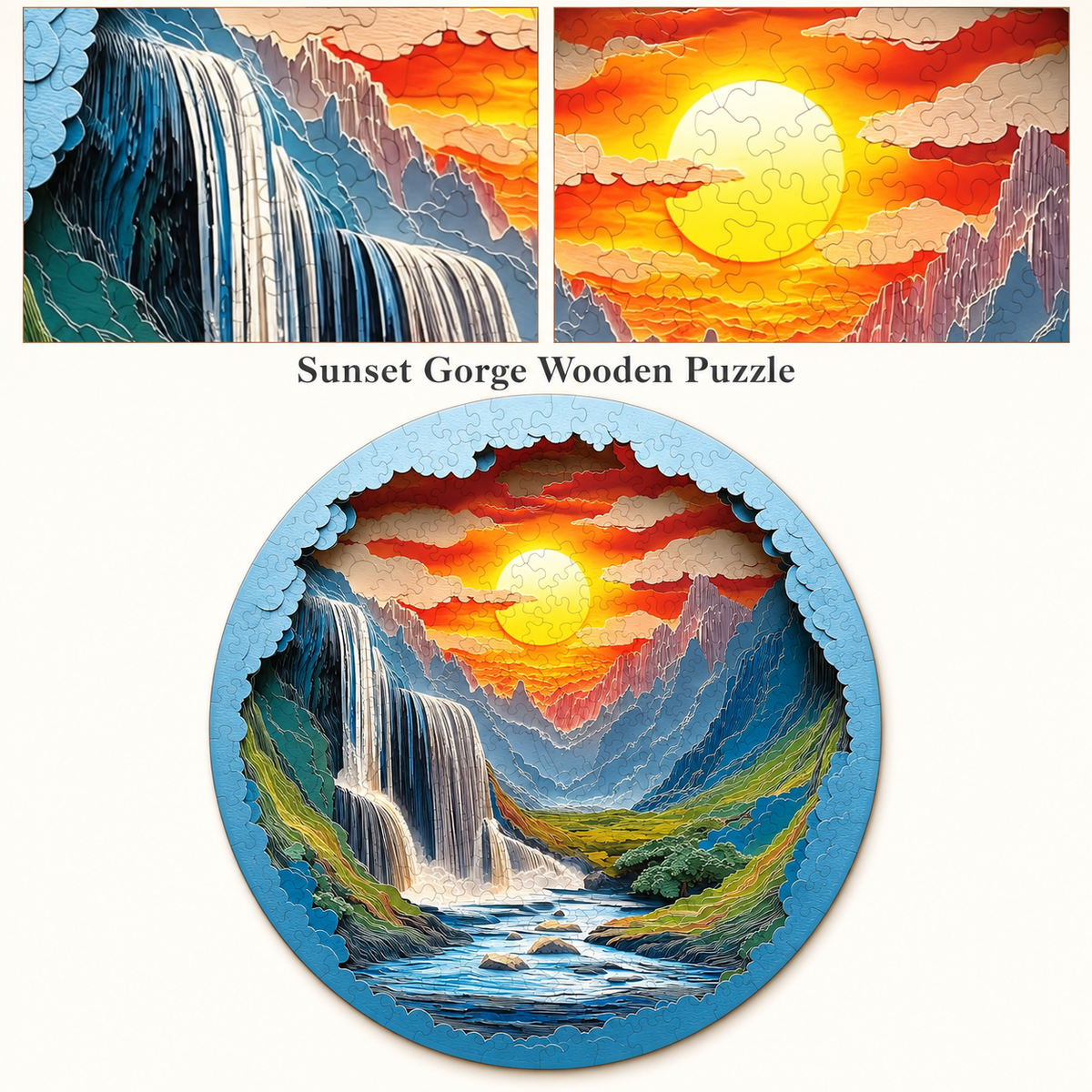 Sunset Waterfall Canyon Wooden Jigsaw Puzzle with 3D Visual Effect