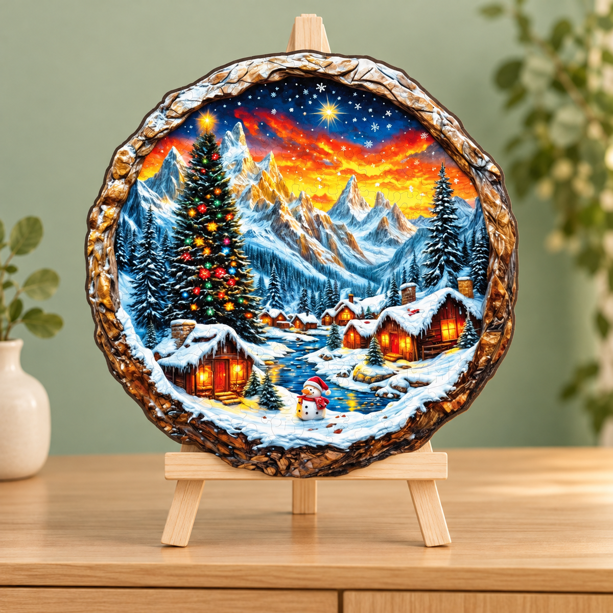 Snowy Christmas Village Wooden Jigsaw Puzzle with 3D Visual Effect