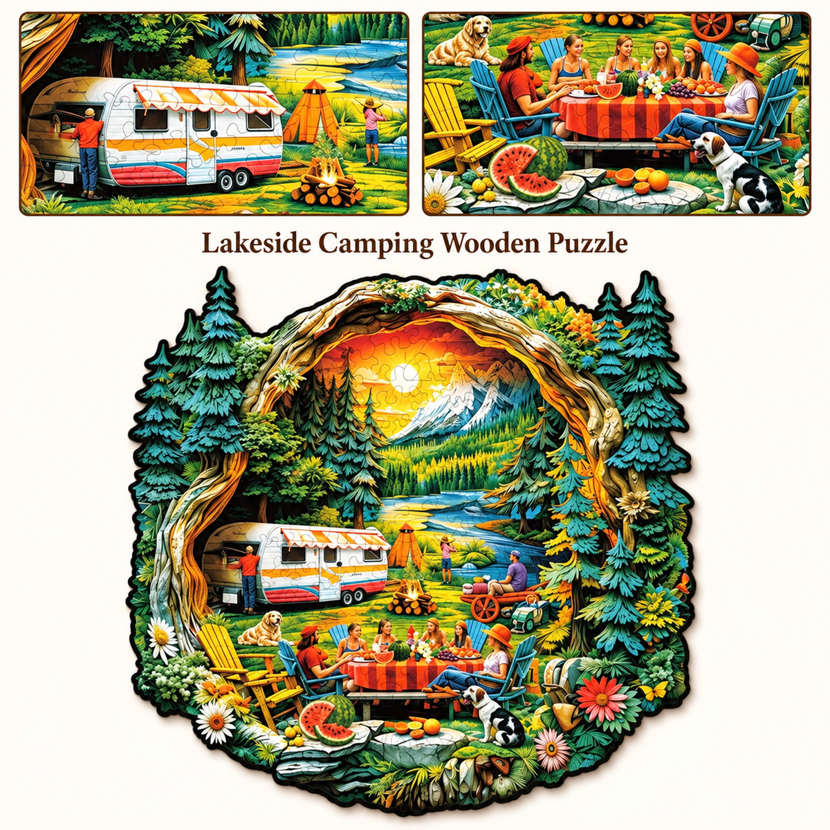 Lakeside Summer Camping Wooden Jigsaw Puzzle with 3D Visual Effect