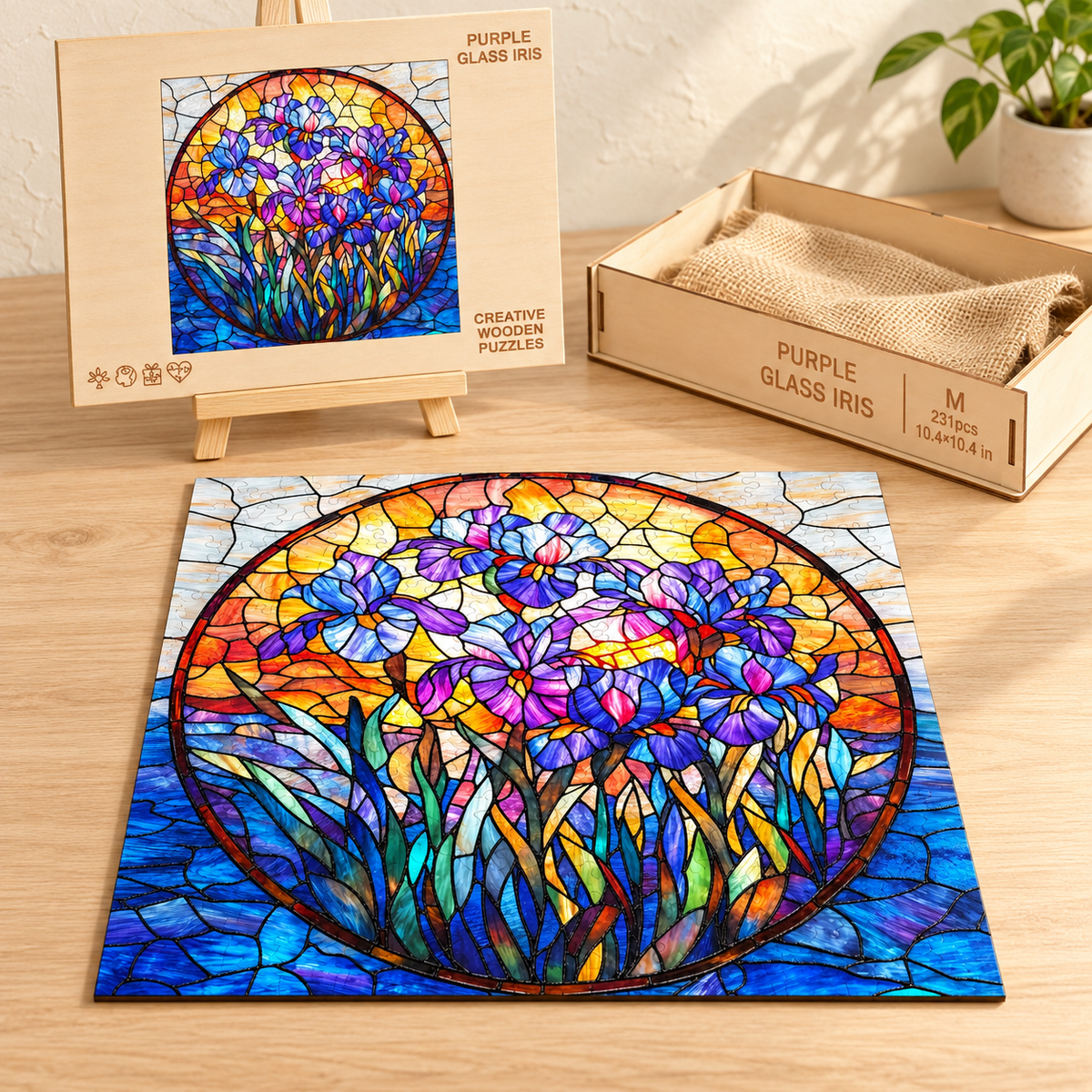 Twilight Iris Wooden Jigsaw Puzzle – Colorful Stained Glass Style Floral Art