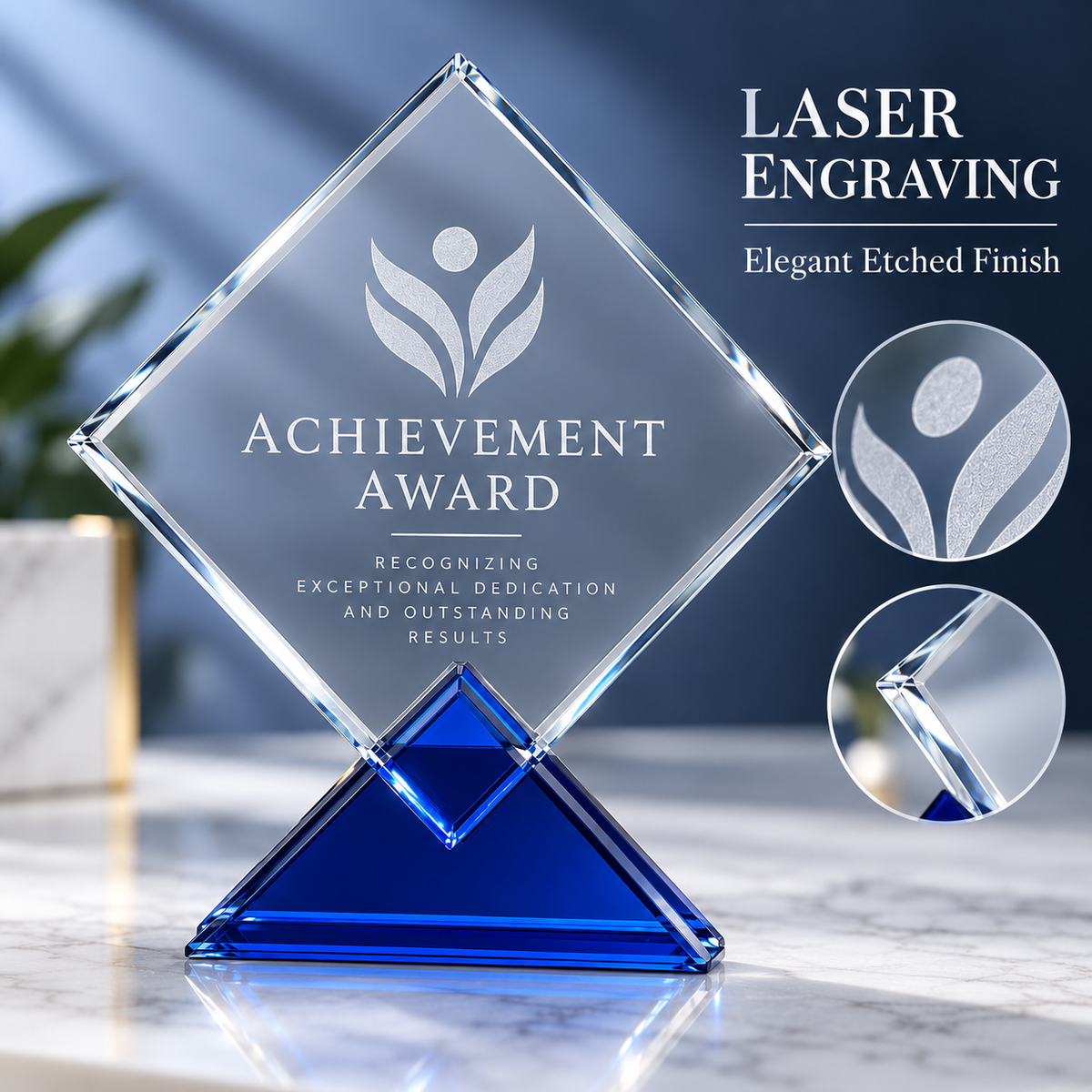 Custom Diamond Crystal Plaque with Blue Triangular Base