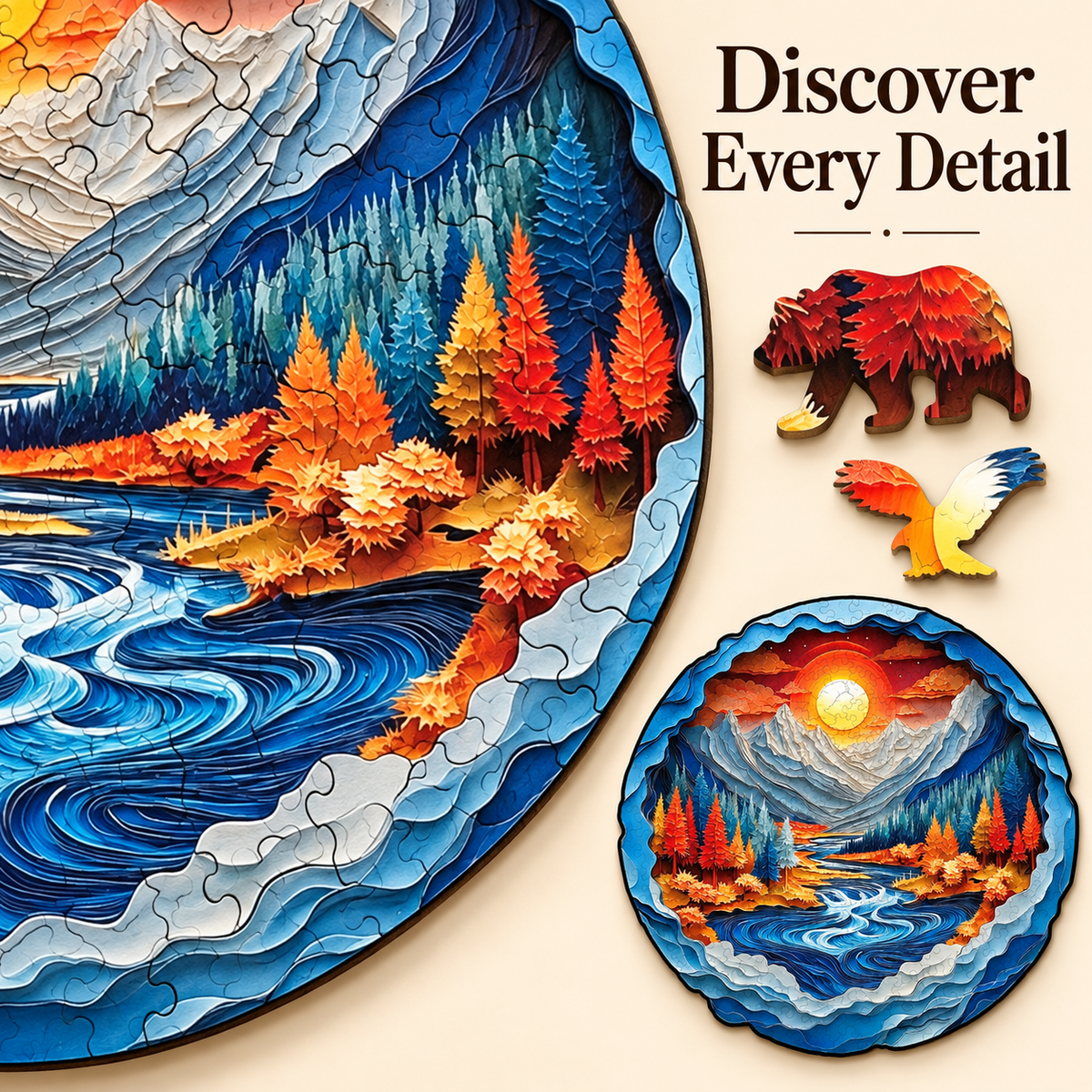 Sunset Alpine River Wooden Jigsaw Puzzle with 3D Visual Effect