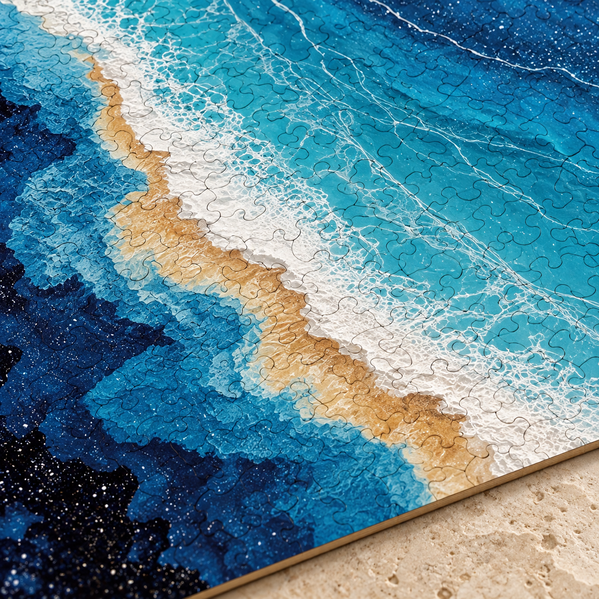Azure Tide Wooden Jigsaw Puzzle – Abstract Ocean Waves & Golden Shore Art