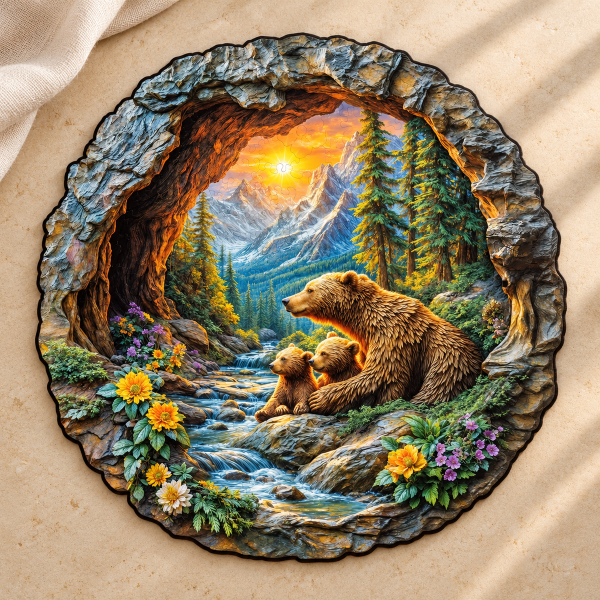Bear Family by the Mountain Stream Wooden Jigsaw Puzzle with 3D Visual Effect