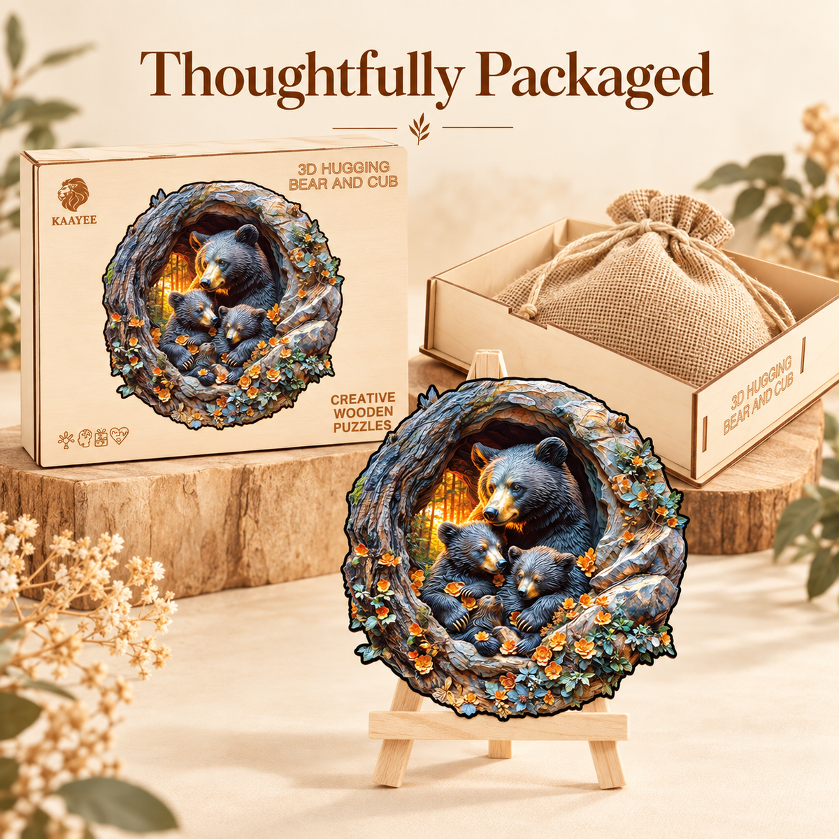 Bear Family in a Tree Hollow Wooden Jigsaw Puzzle with 3D Visual Effect