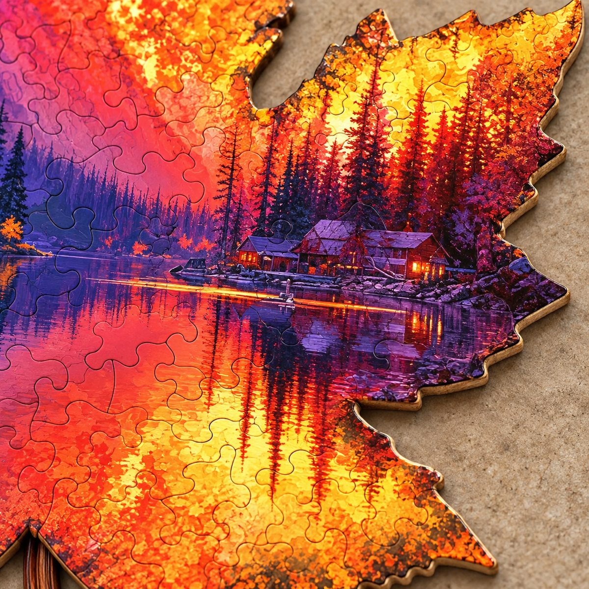 Amber Lake Retreat Wooden Jigsaw Puzzle – Maple Leaf Forest & Cabin Reflection