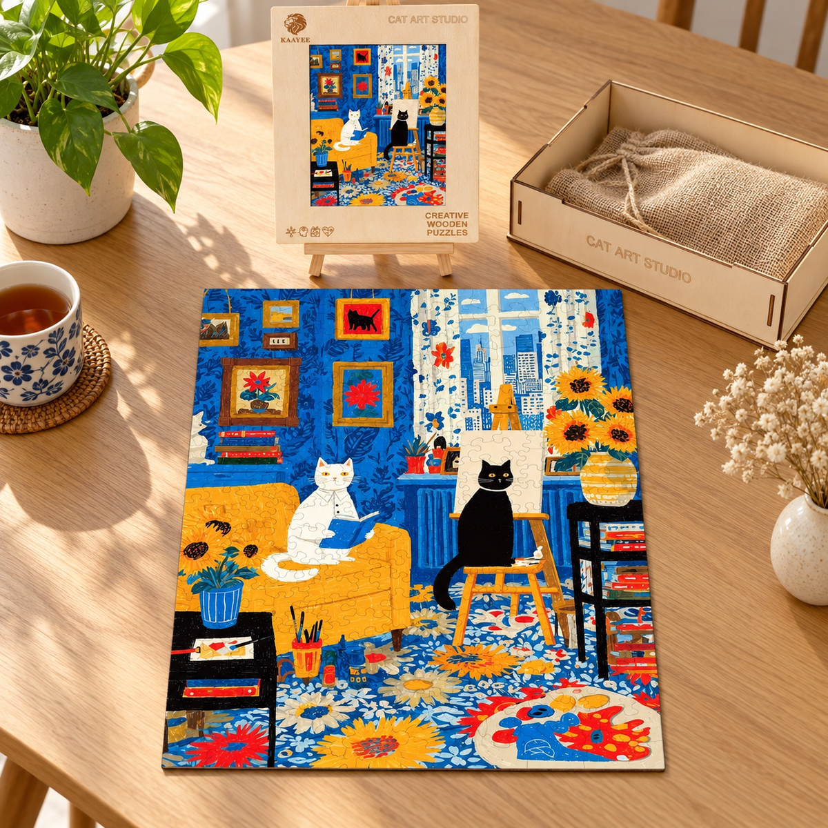 A Cozy Atelier with Two Cats – Wooden Jigsaw Puzzle