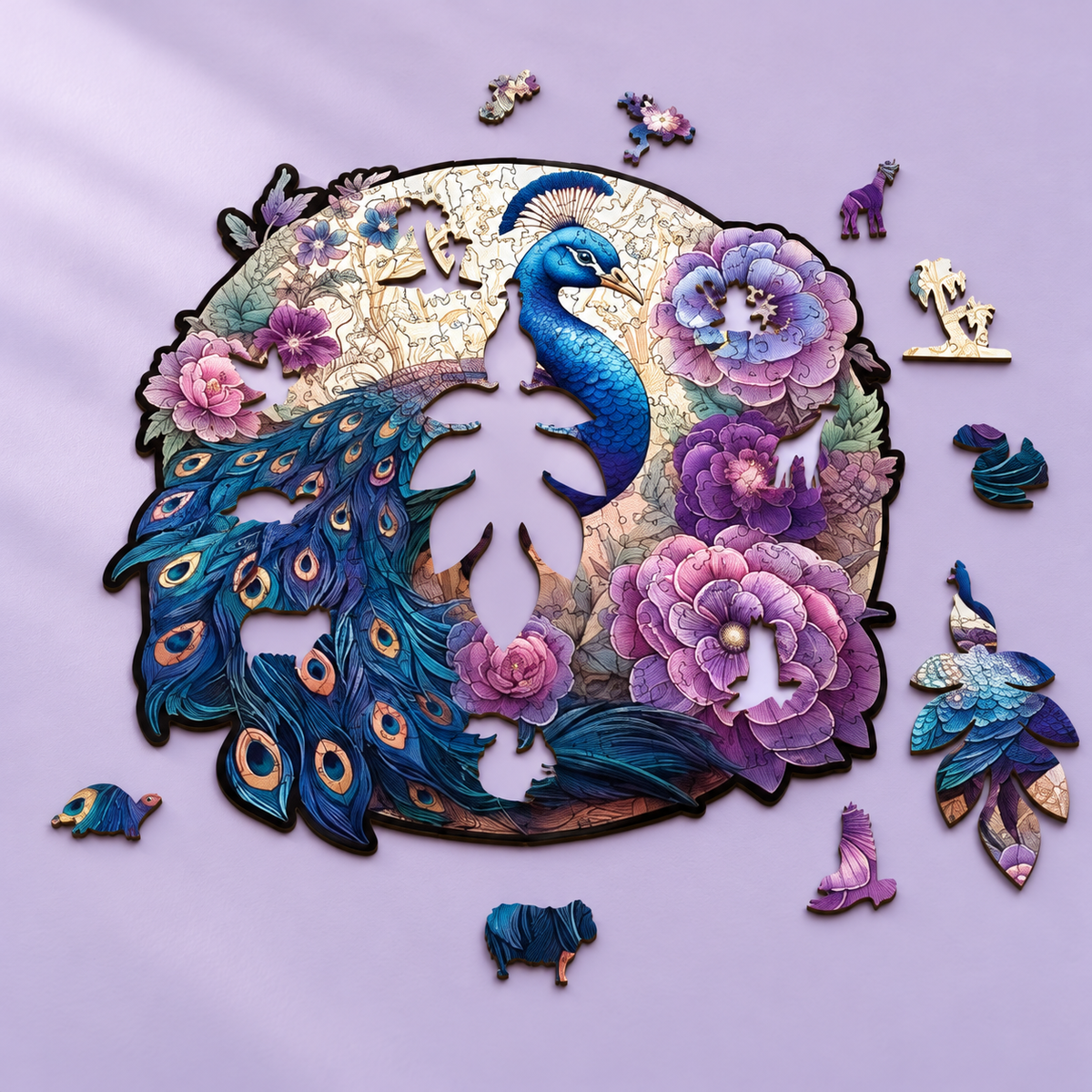 Peacock in Bloom Wooden Jigsaw Puzzle – Blue Feathers & Purple Floral Art