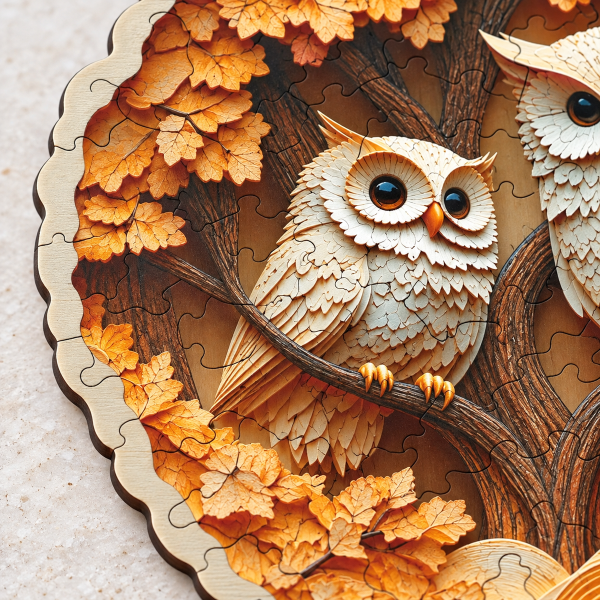 Autumn Owl Companions Wooden Jigsaw Puzzle – Parent & Owlet Woodland Art