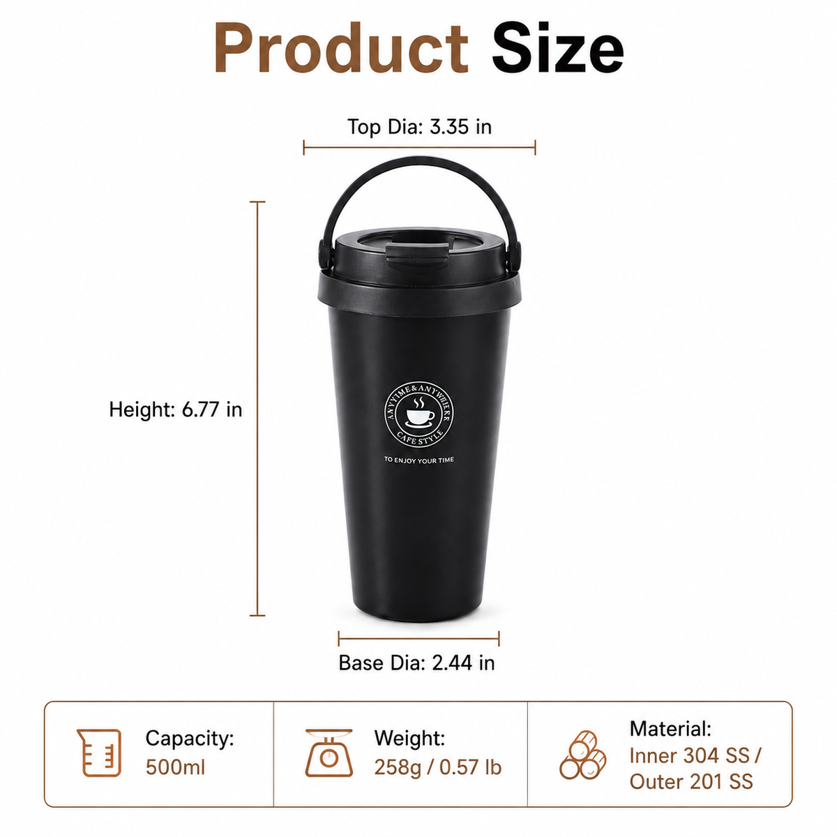 Custom Logo 304 Liner Stainless Coffee Tumbler 500Ml