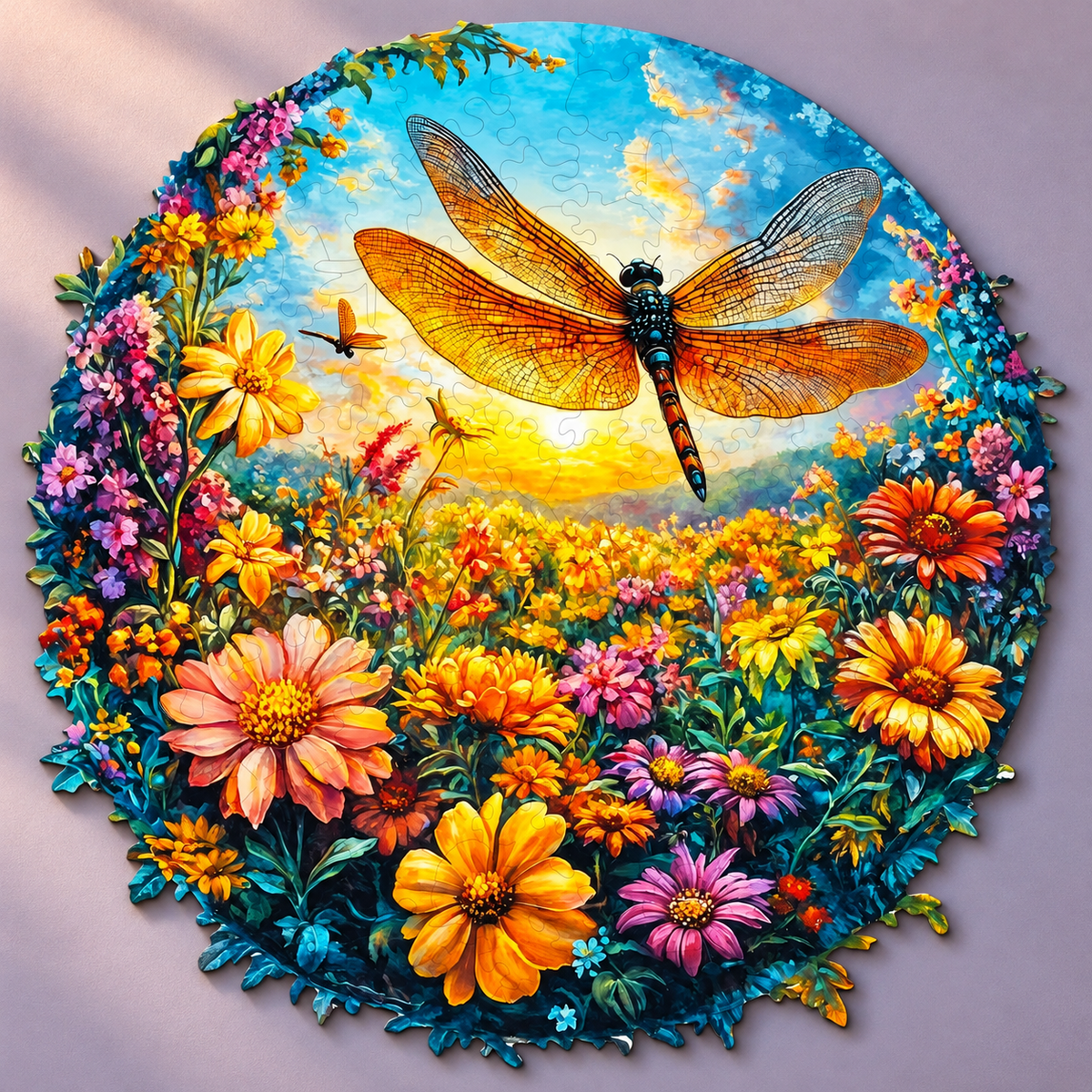 Golden Wings Garden Wooden Jigsaw Puzzle – Dragonfly & Wildflower Art