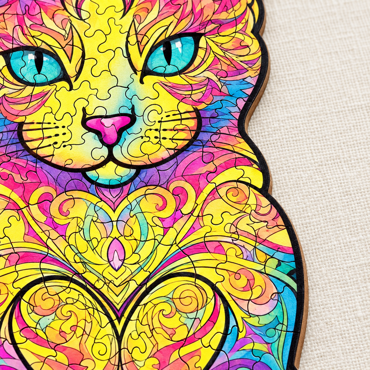 Rainbow Heart Cat Wooden Jigsaw Puzzle – Colorful Feline Art