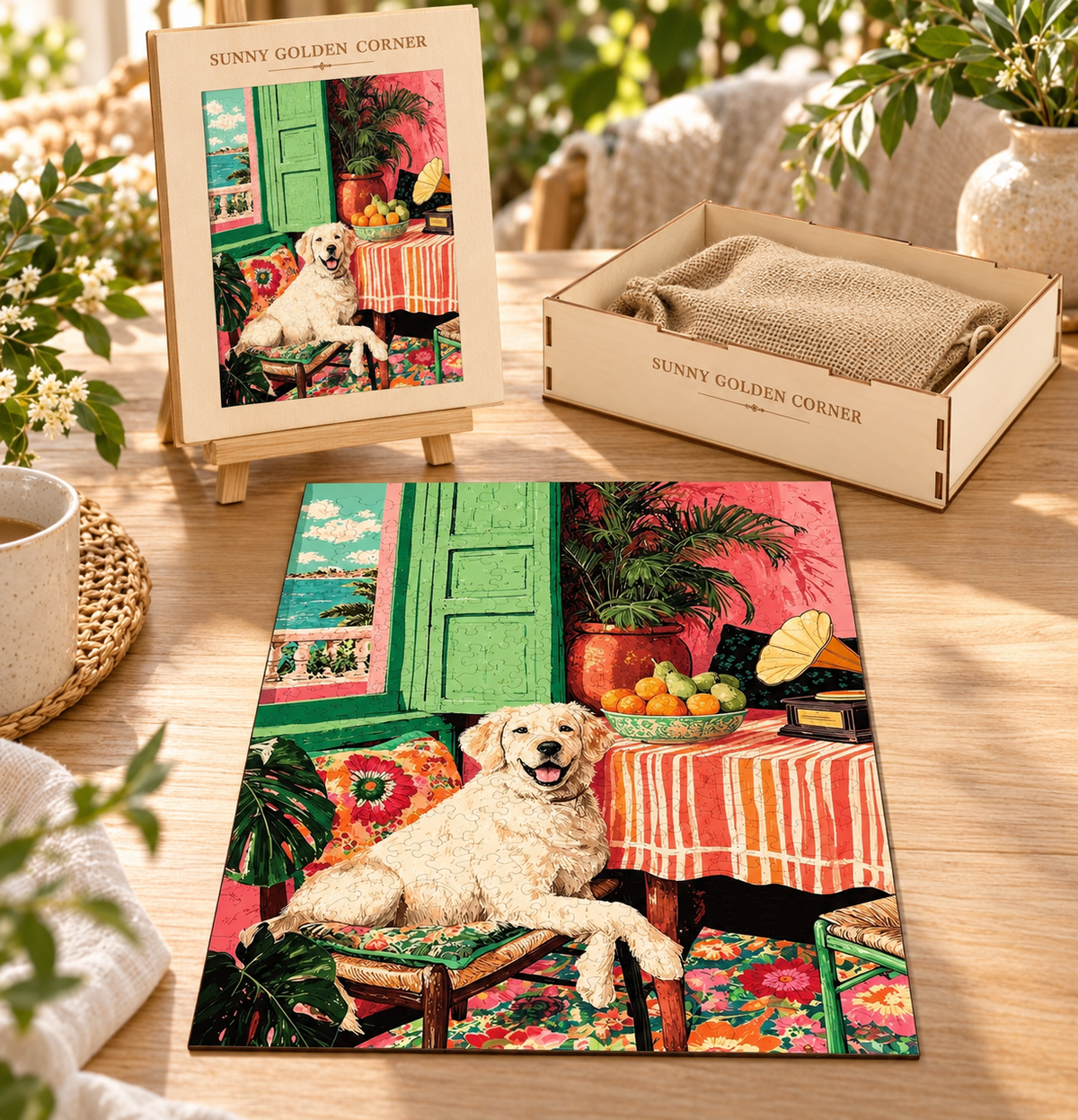 Coastal Golden Retreat Wooden Jigsaw Puzzle – Retriever & Colorful Seaside Room
