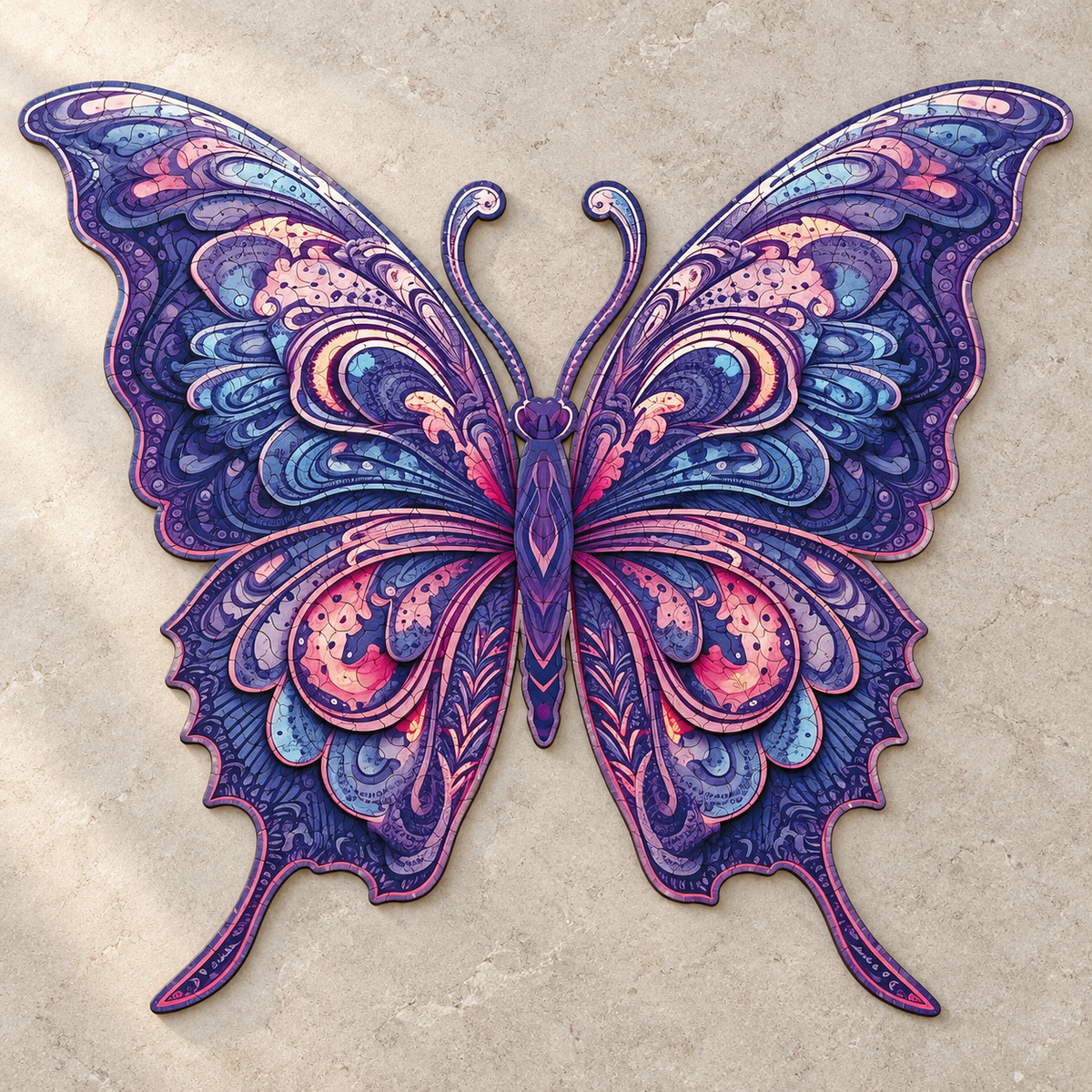 Violet Reverie Wooden Jigsaw Puzzle – Ornate Butterfly & Paisley Wing Art
