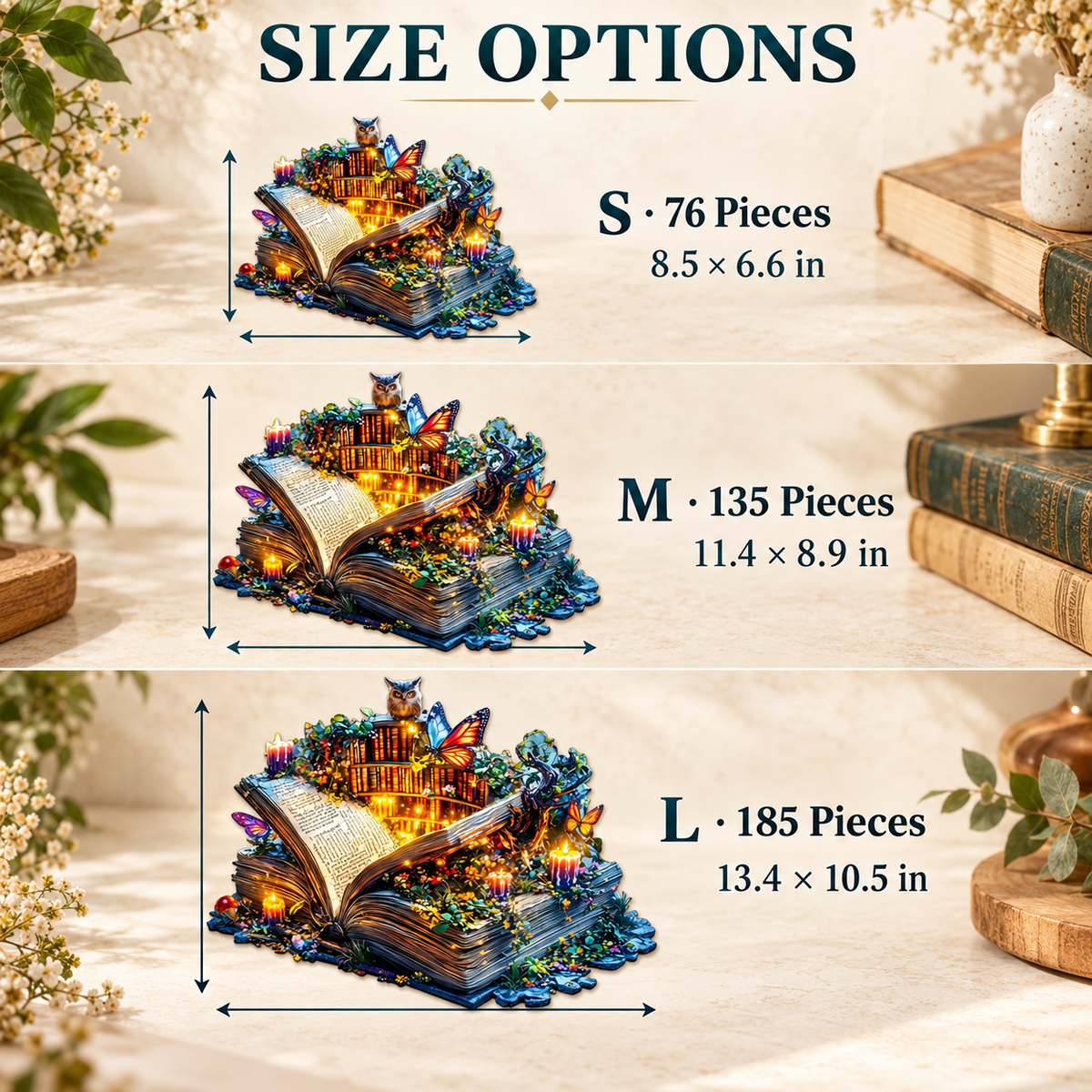 Enchanted Library Wooden Jigsaw Puzzle – Owl & Butterfly Book Art