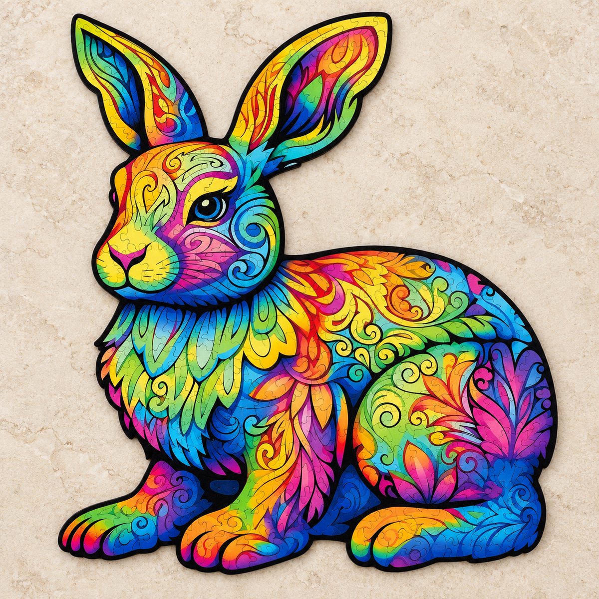 Rainbow Blossom Rabbit Wooden Jigsaw Puzzle – Colorful Bunny Art