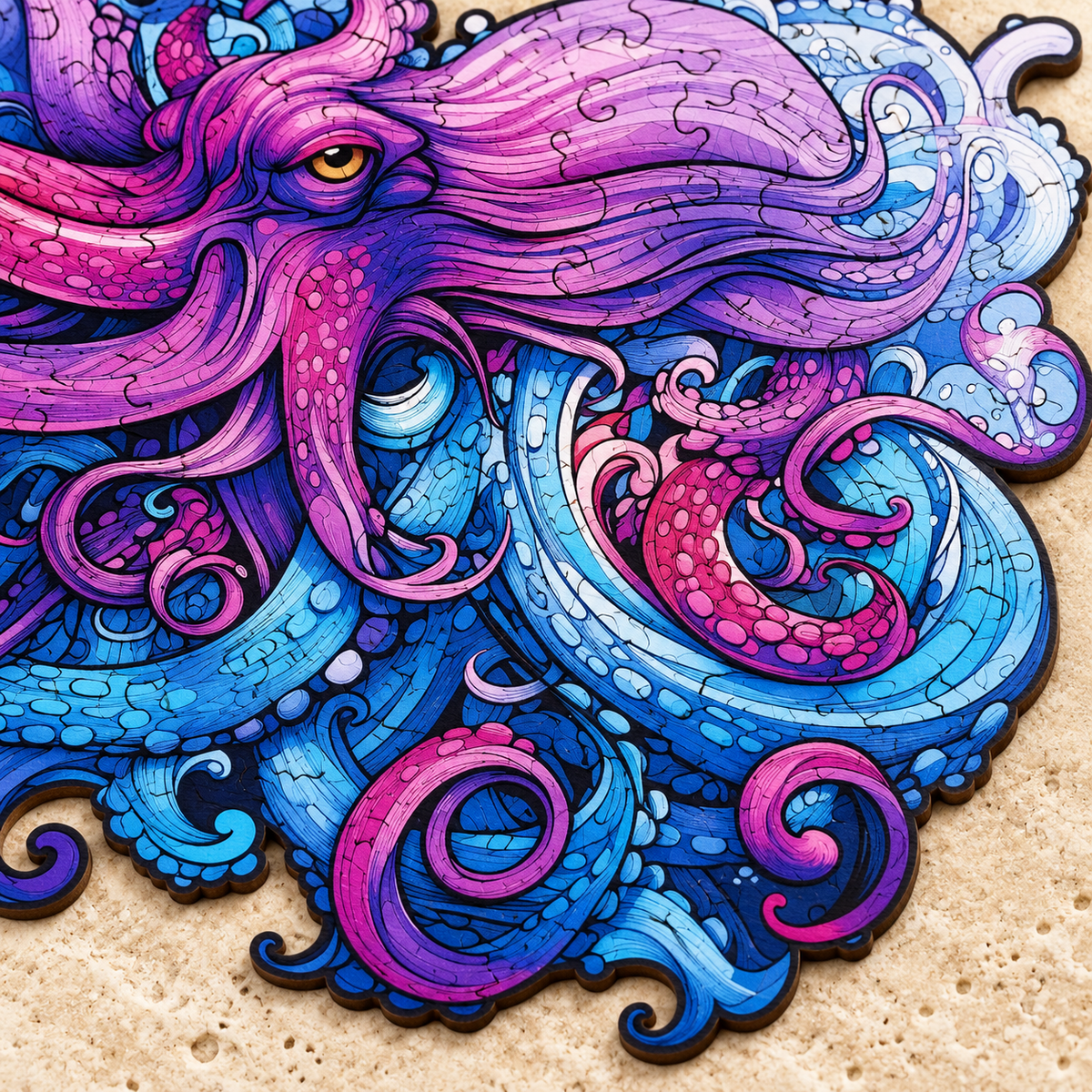 Violet Tides Wooden Jigsaw Puzzle – Octopus & Ocean Wave Art
