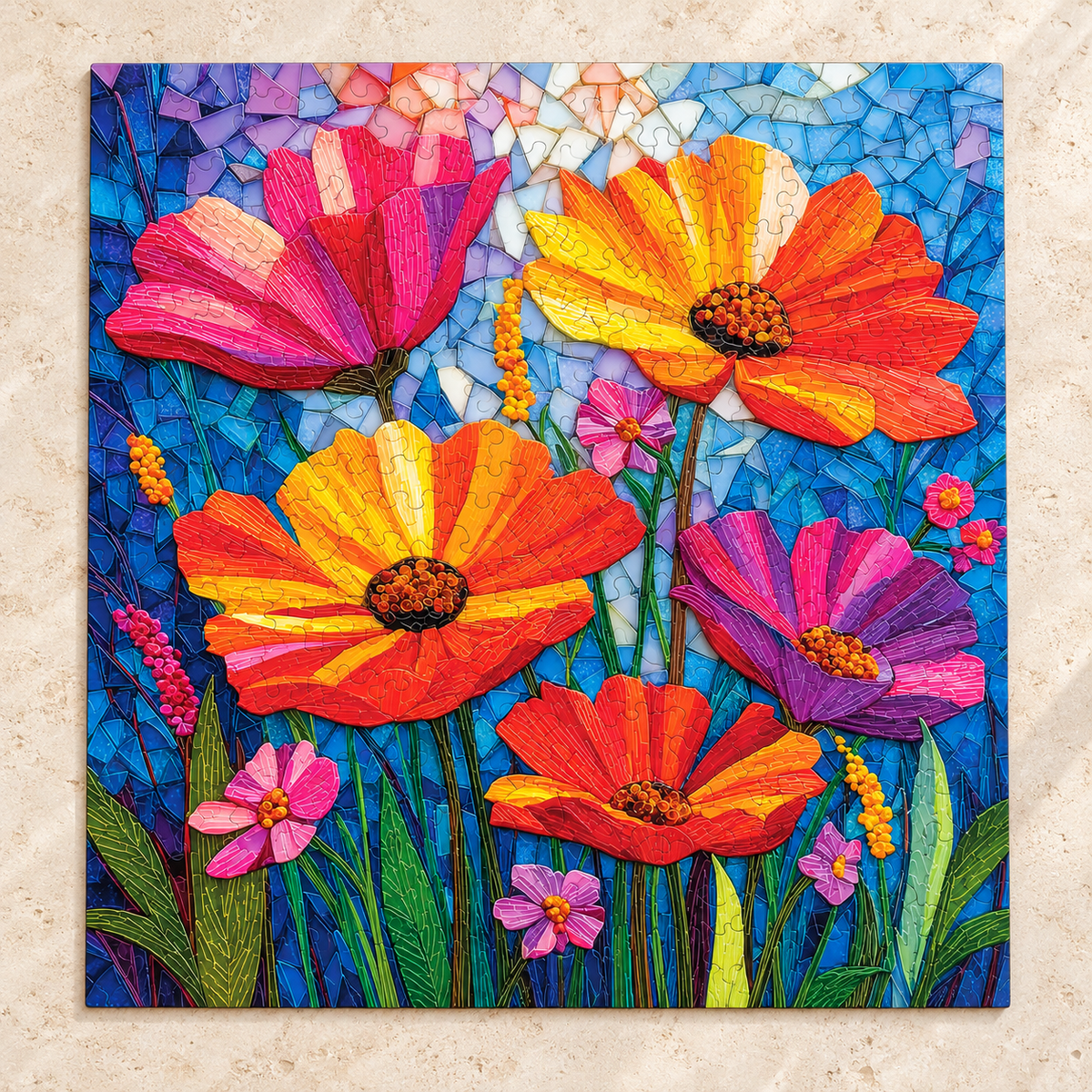Mosaic Meadow Wooden Jigsaw Puzzle – Colorful Floral Glass Art