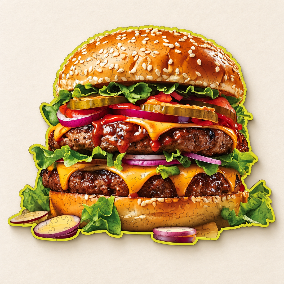 Double Cheeseburger Wooden Jigsaw Puzzle – Burger Shaped Food Art