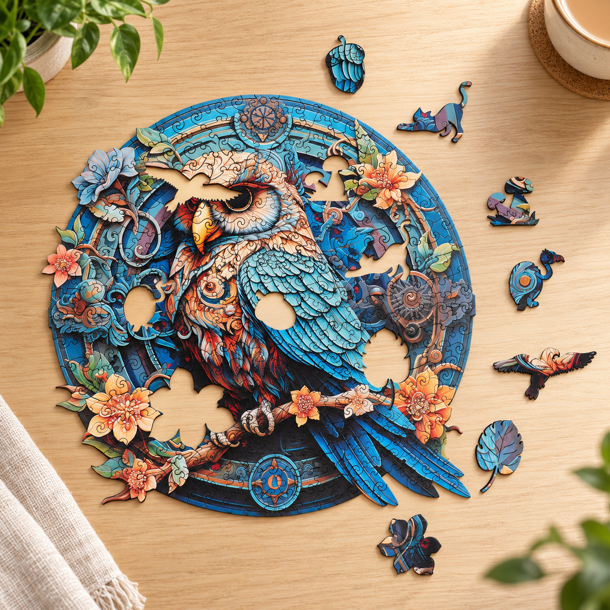 Ornate Blue Owl Wooden Jigsaw Puzzle – Floral & Gear Artwork