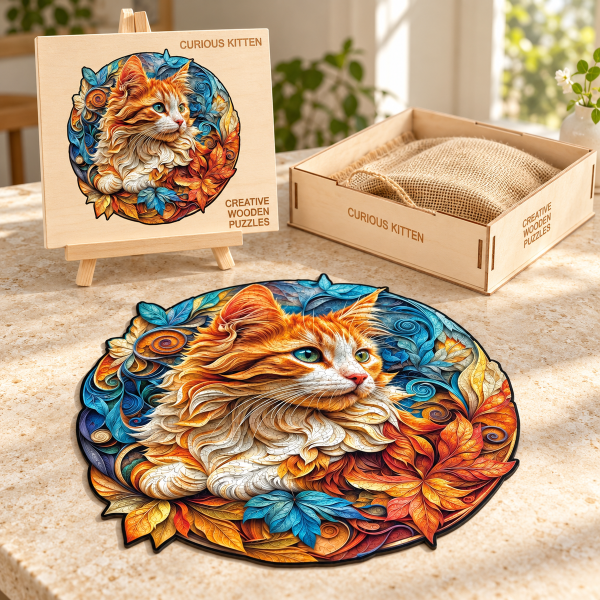 Amber Whiskers Wooden Jigsaw Puzzle – Ginger Kitten & Ornamental Leaf Art