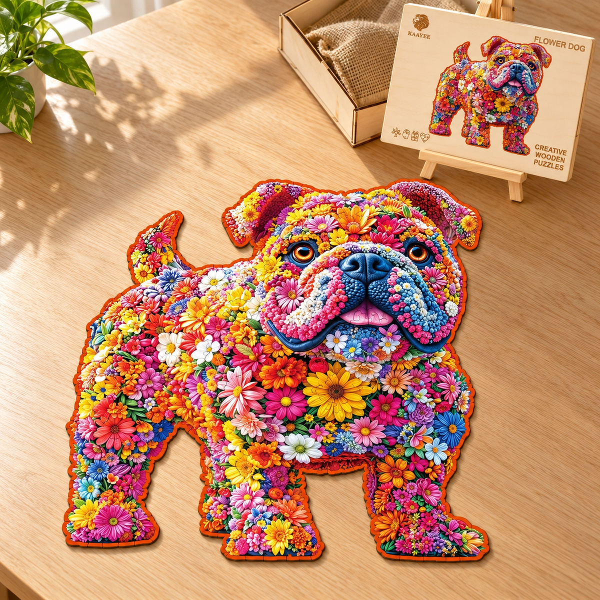 Floral Bulldog Wooden Jigsaw Puzzle – Colorful Dog-Shaped Puzzle