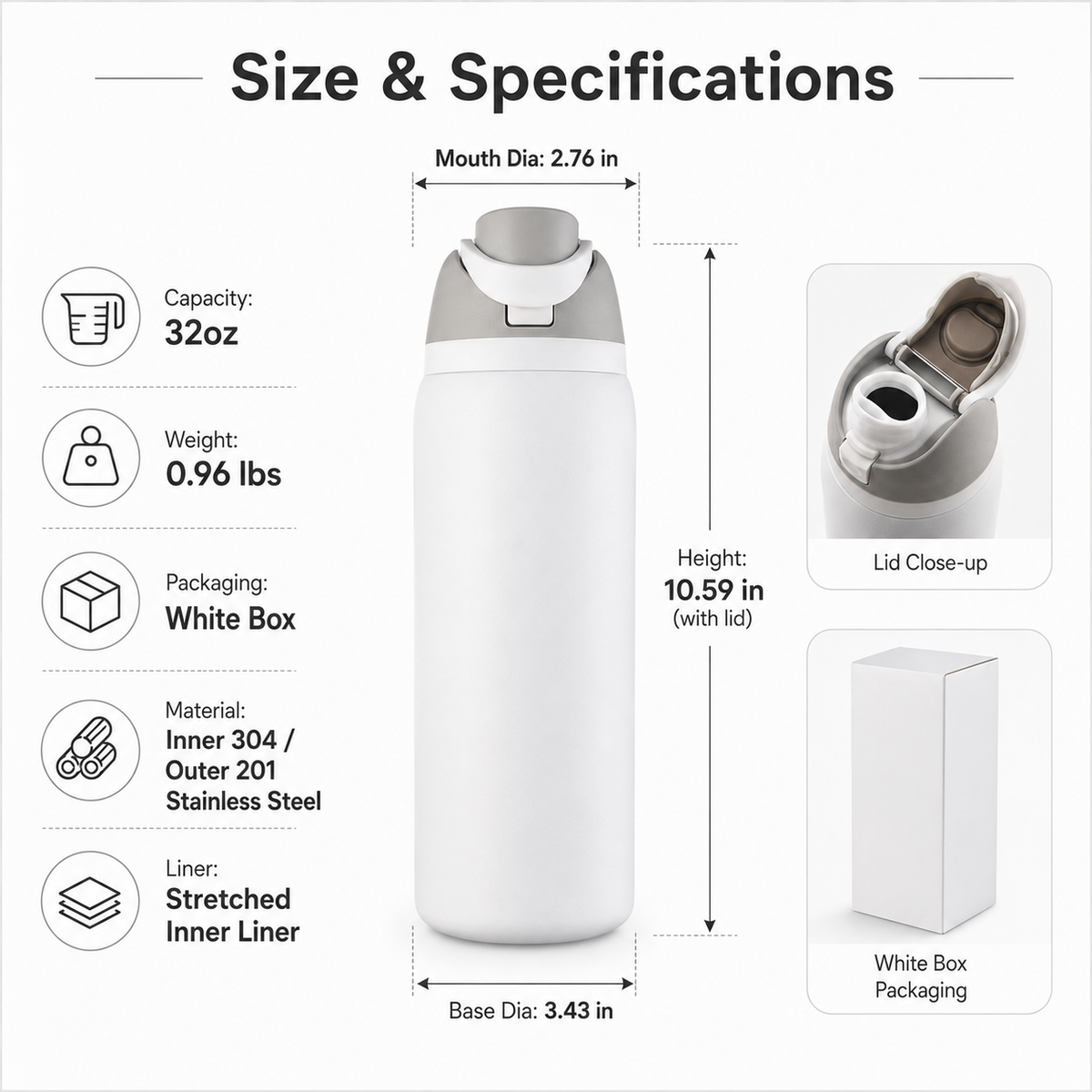 32oz Dual Drink Flip Lid Stainless Steel Fruit Water Bottle