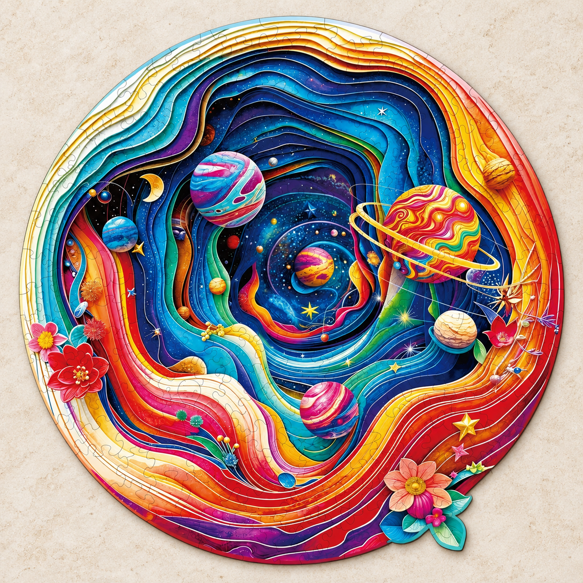 Rainbow Galaxy Wooden Jigsaw Puzzle – Colorful Planets & Cosmic Art