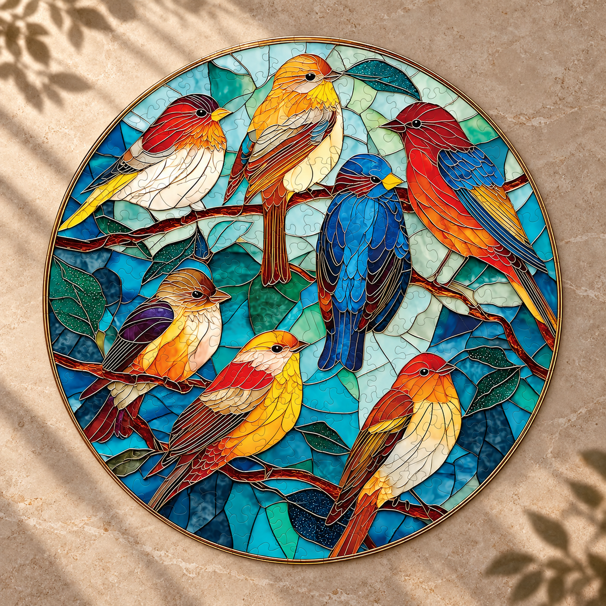 Songbirds in Color Wooden Jigsaw Puzzle – Round Stained Glass Style Bird Art