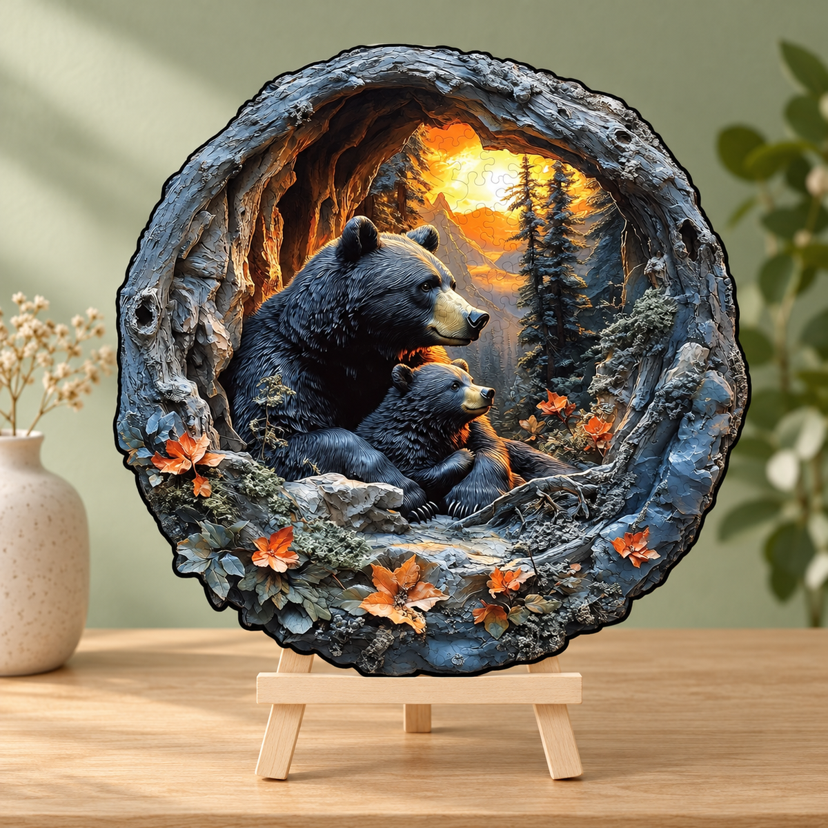 Mother Bear & Cub Wooden Jigsaw Puzzle with 3D Effect Woodland Art