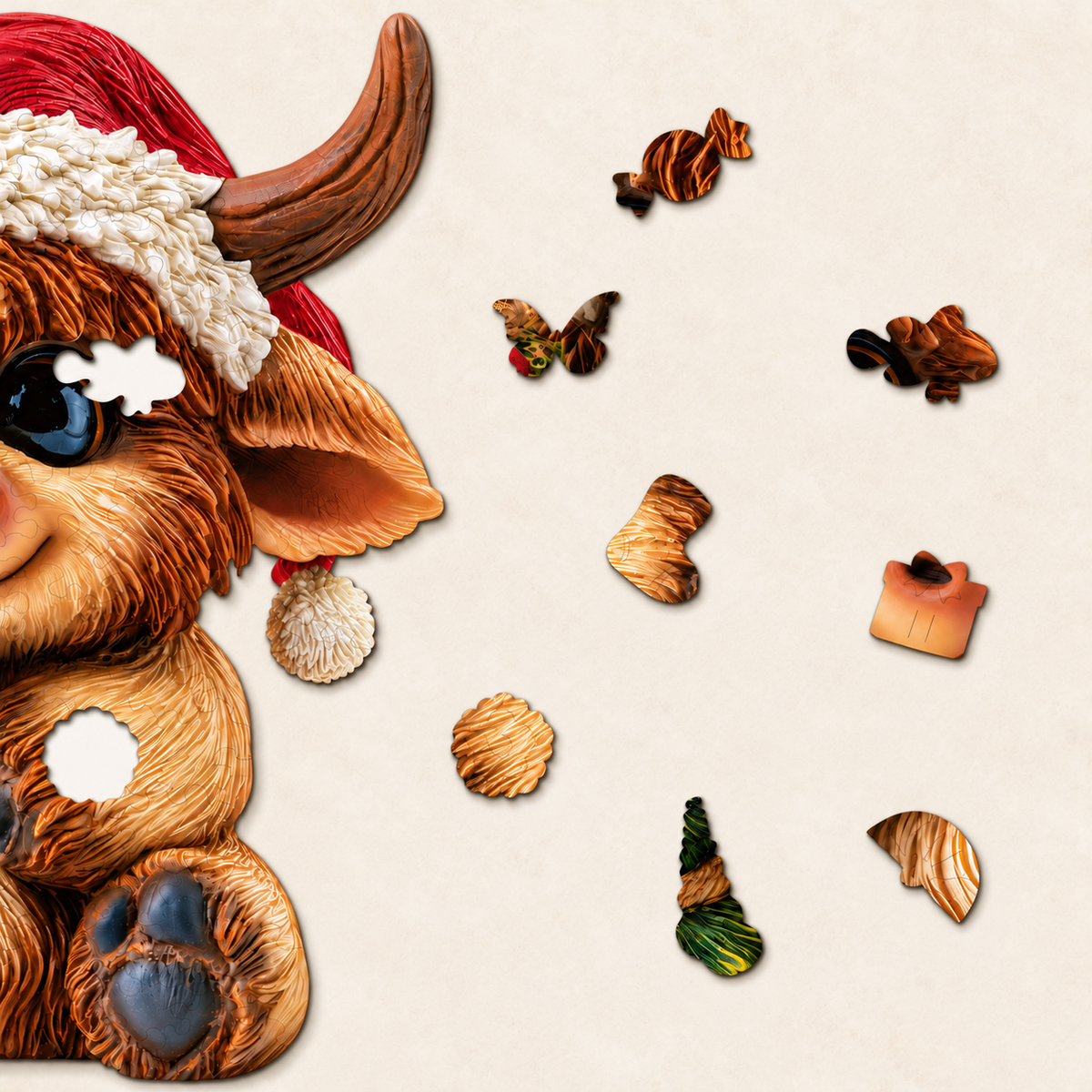 Merry Little Highland Cow Wooden Jigsaw Puzzle – Santa Hat & Christmas Tree