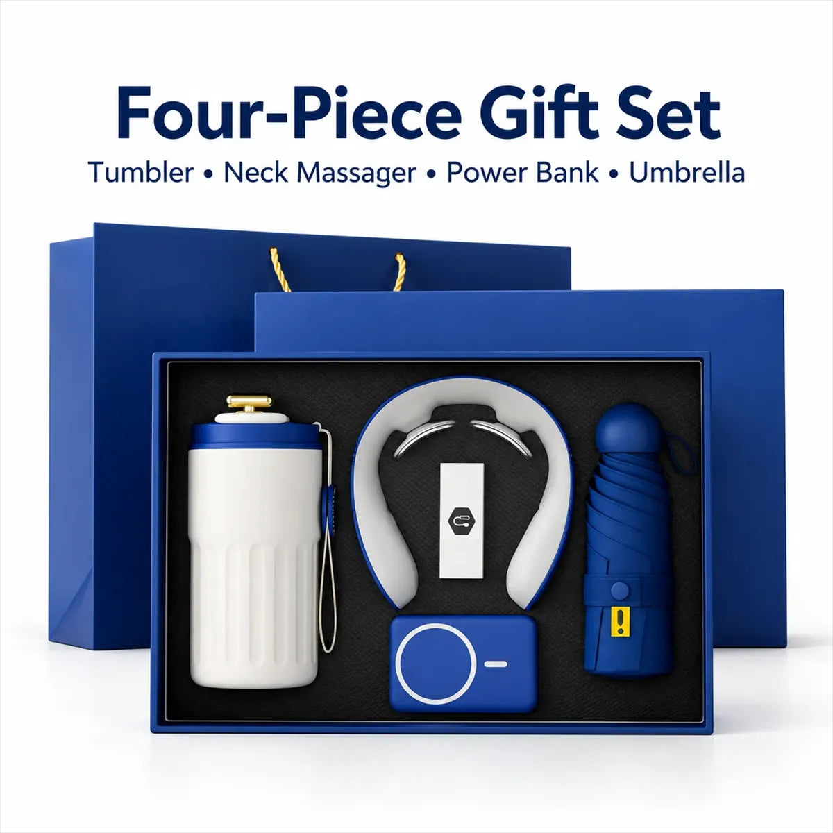 4Pcs Tumbler, Umbrella, Power Bank & Neck Massager Gift Set