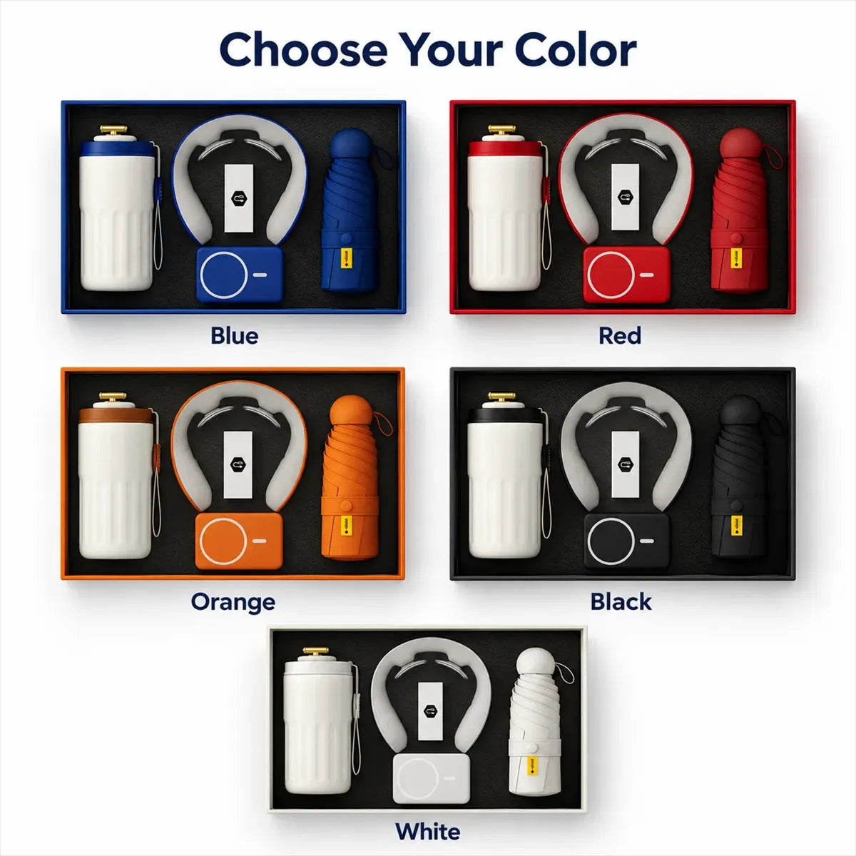 4Pcs Tumbler, Umbrella, Power Bank & Neck Massager Gift Set