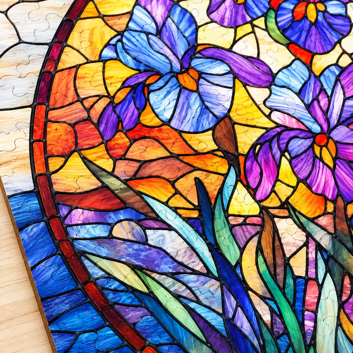 Twilight Iris Wooden Jigsaw Puzzle – Colorful Stained Glass Style Floral Art