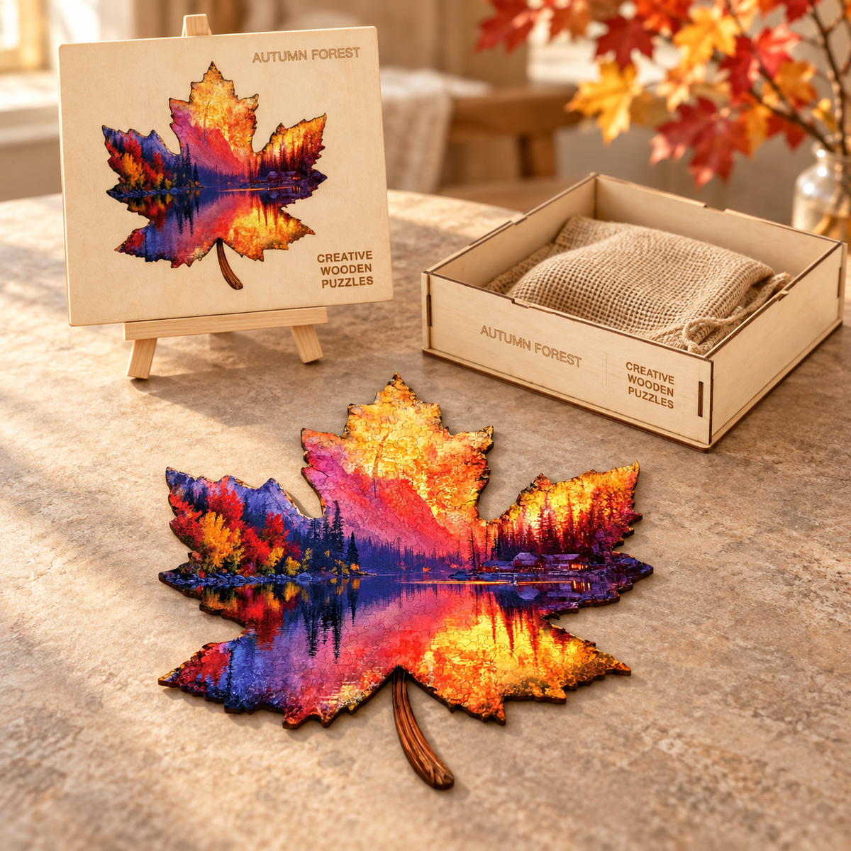 Amber Lake Retreat Wooden Jigsaw Puzzle – Maple Leaf Forest & Cabin Reflection