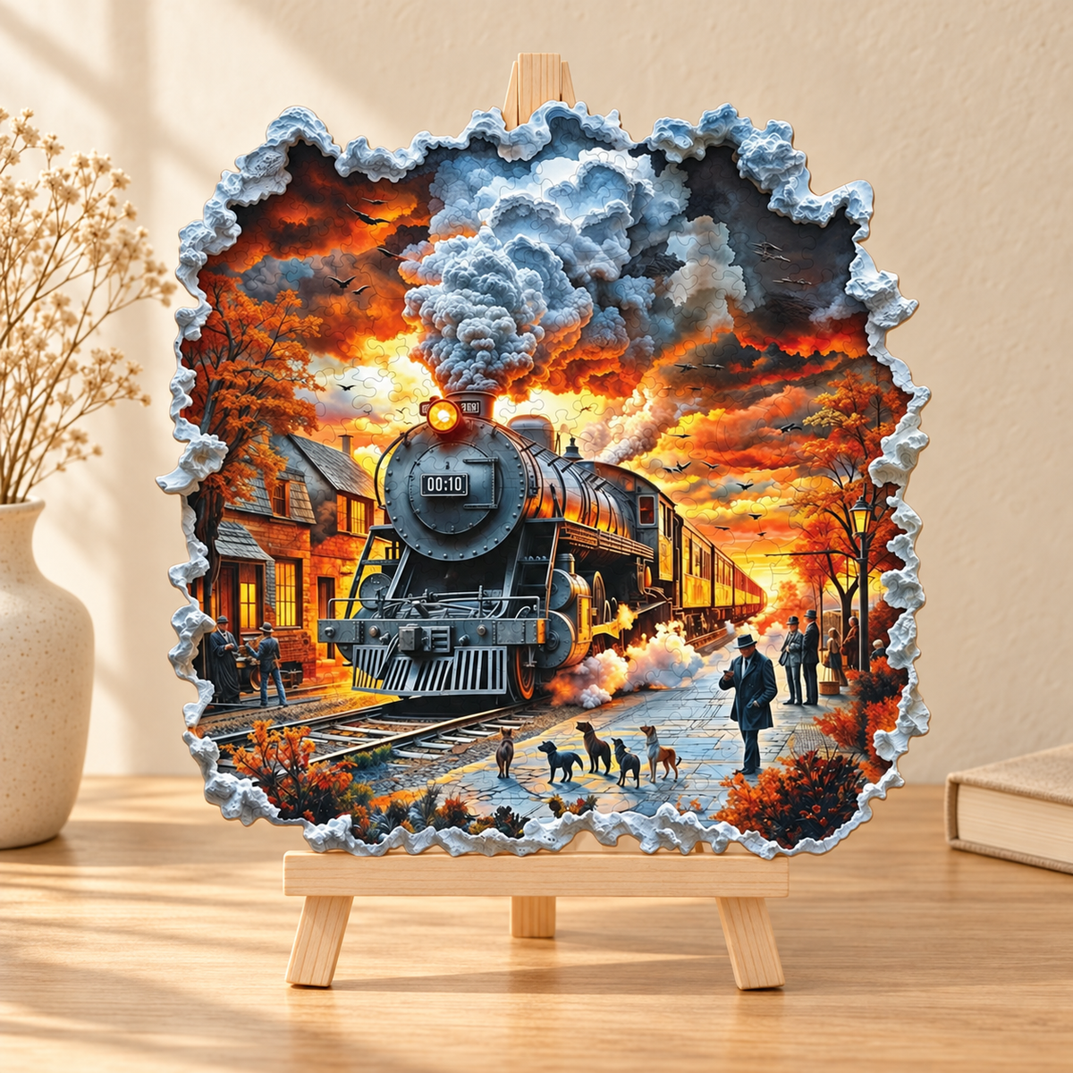 Vintage Steam Train at Sunset Wooden Jigsaw Puzzle with 3D Visual Effect