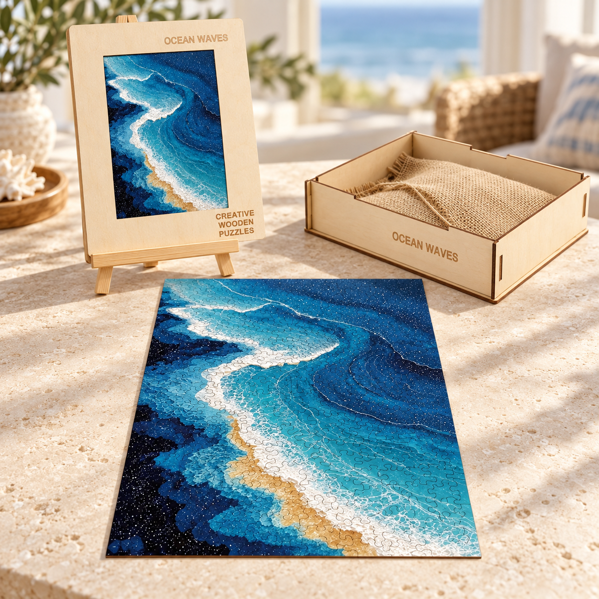 Azure Tide Wooden Jigsaw Puzzle – Abstract Ocean Waves & Golden Shore Art
