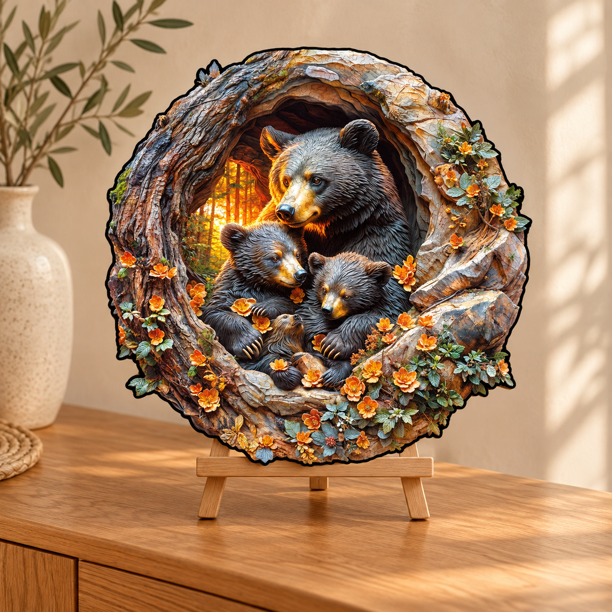 Bear Family in a Tree Hollow Wooden Jigsaw Puzzle with 3D Visual Effect