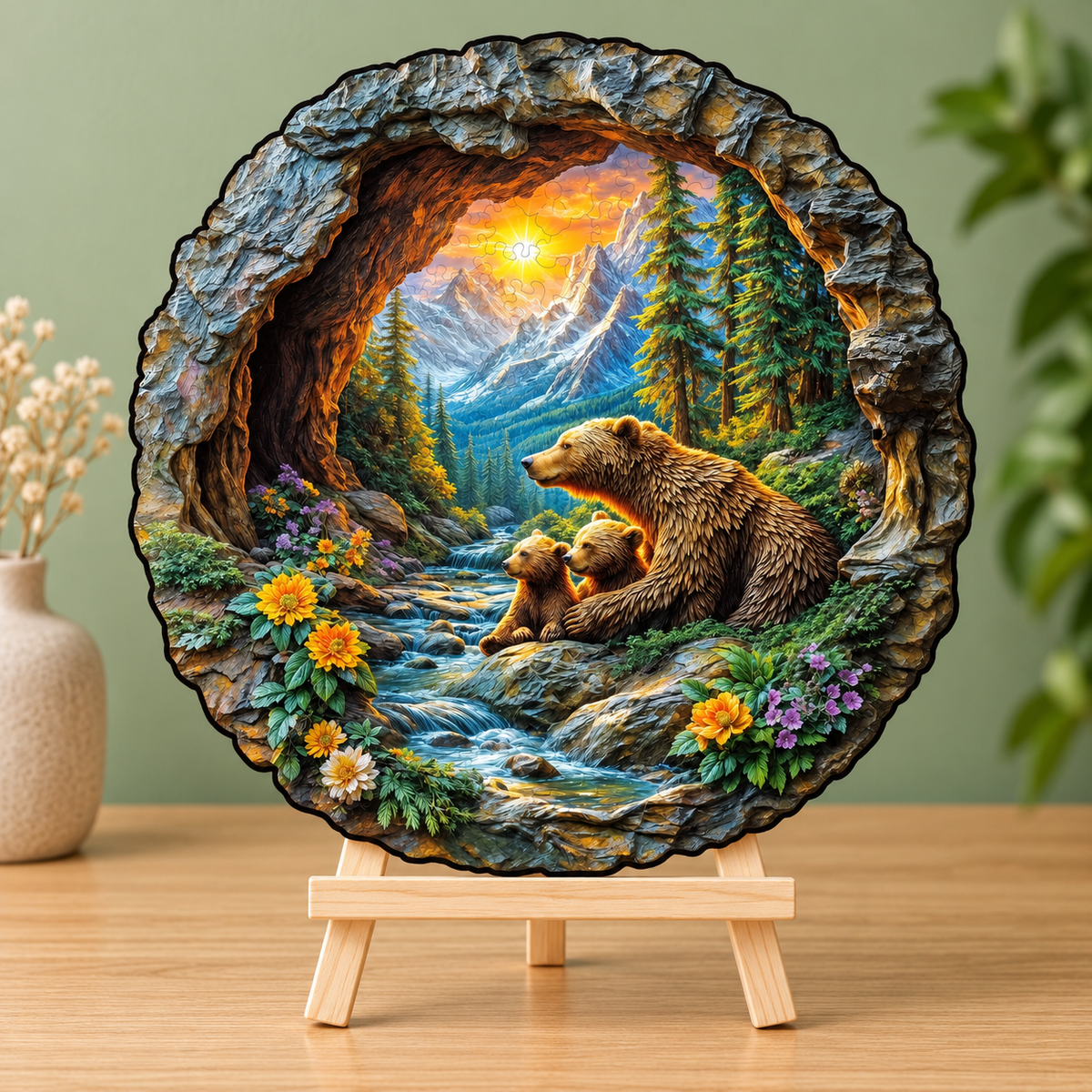 Bear Family by the Mountain Stream Wooden Jigsaw Puzzle with 3D Visual Effect