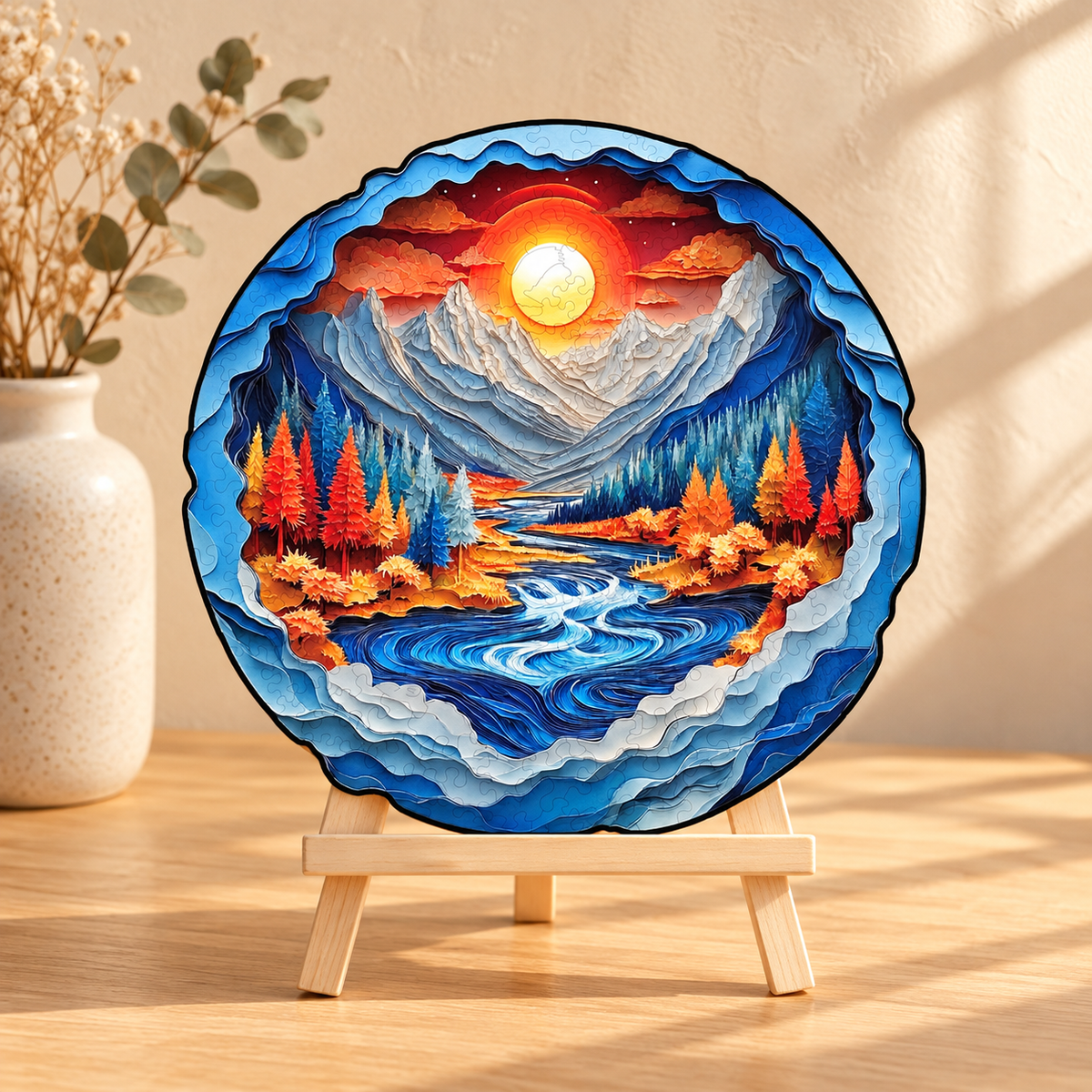 Sunset Alpine River Wooden Jigsaw Puzzle with 3D Visual Effect