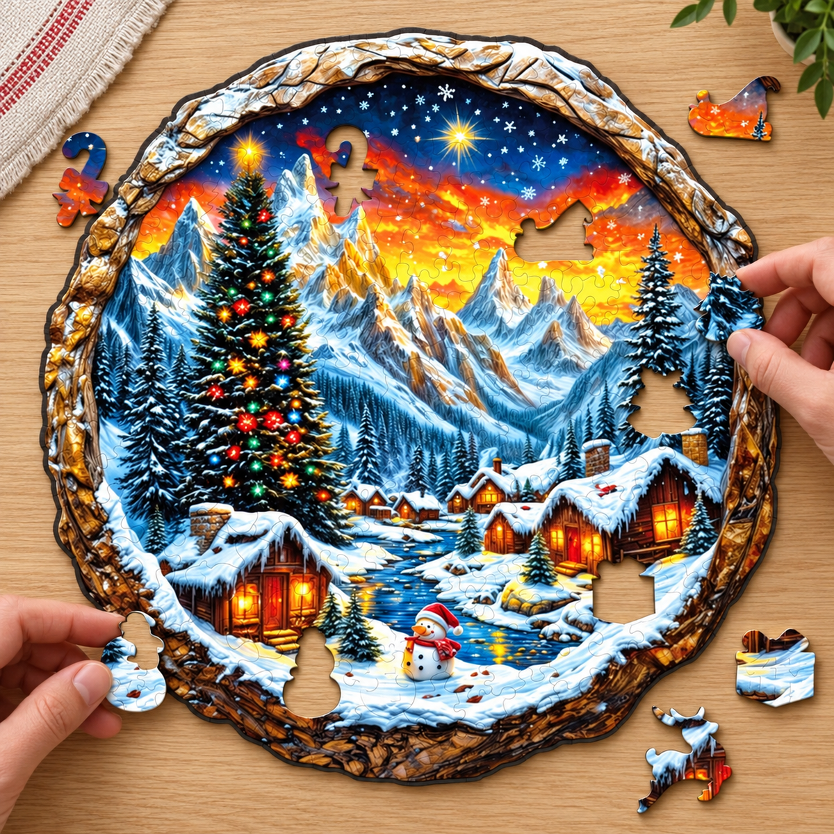 Snowy Christmas Village Wooden Jigsaw Puzzle with 3D Visual Effect