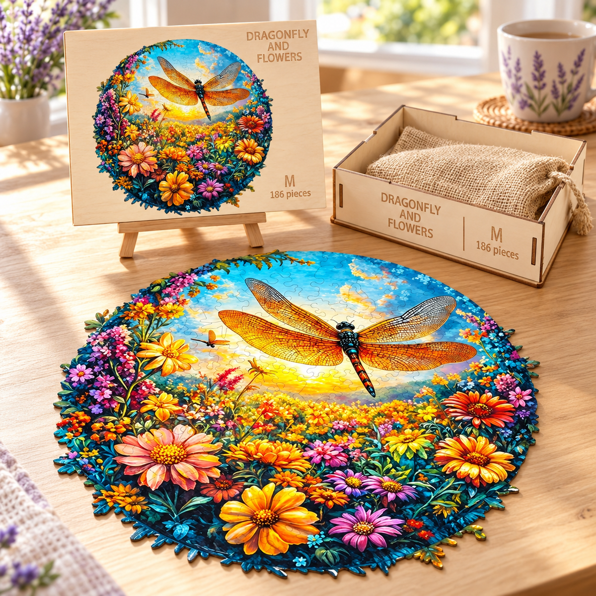 Golden Wings Garden Wooden Jigsaw Puzzle – Dragonfly & Wildflower Art