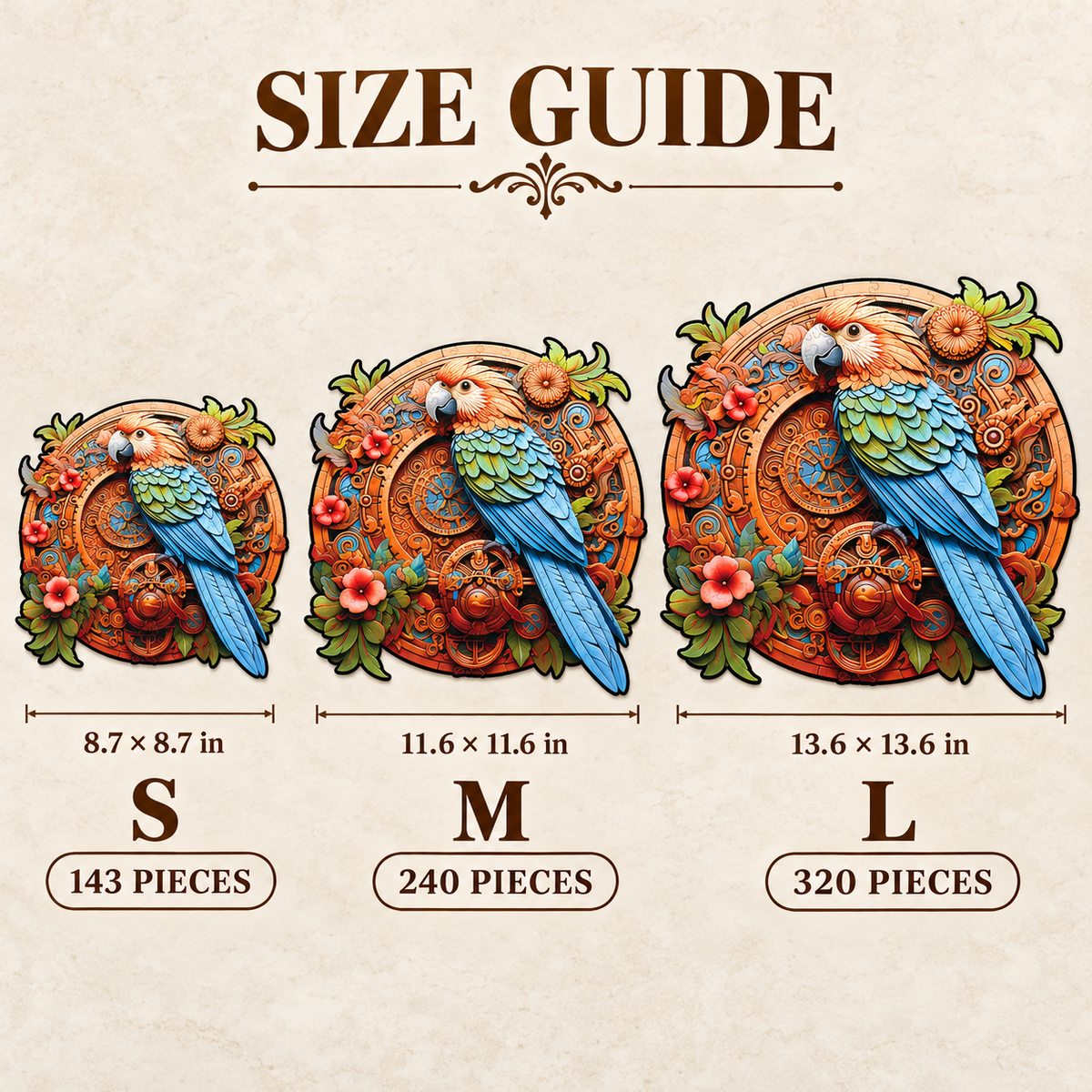 Clockwork Wings Wooden Jigsaw Puzzle – Colorful Parrot & Ornate Gear Art