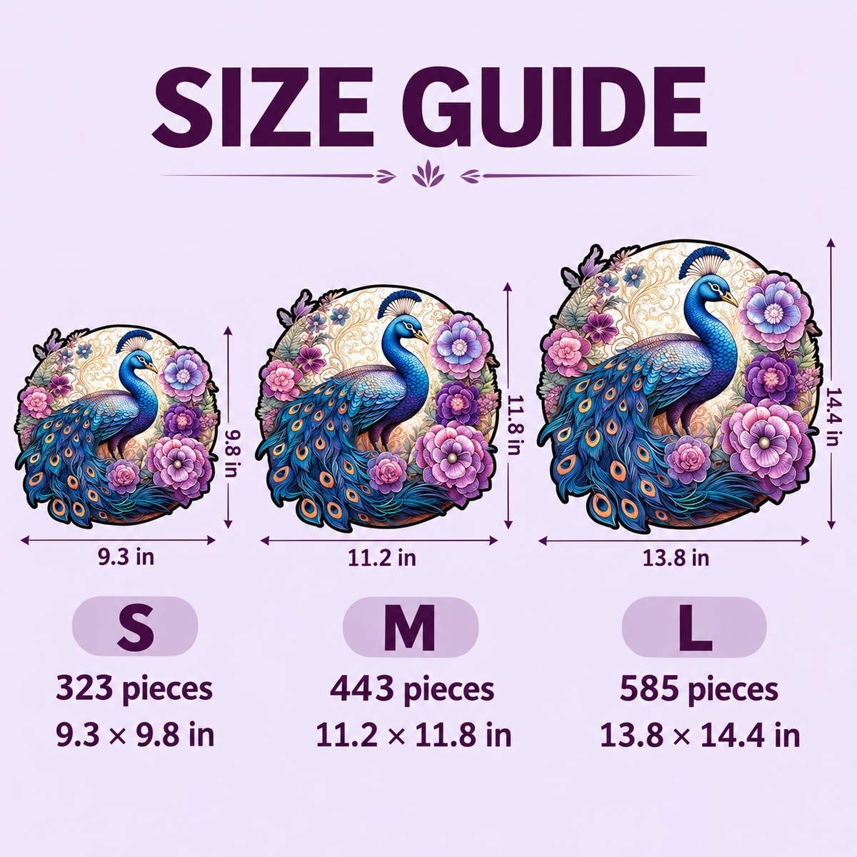 Peacock in Bloom Wooden Jigsaw Puzzle – Blue Feathers & Purple Floral Art
